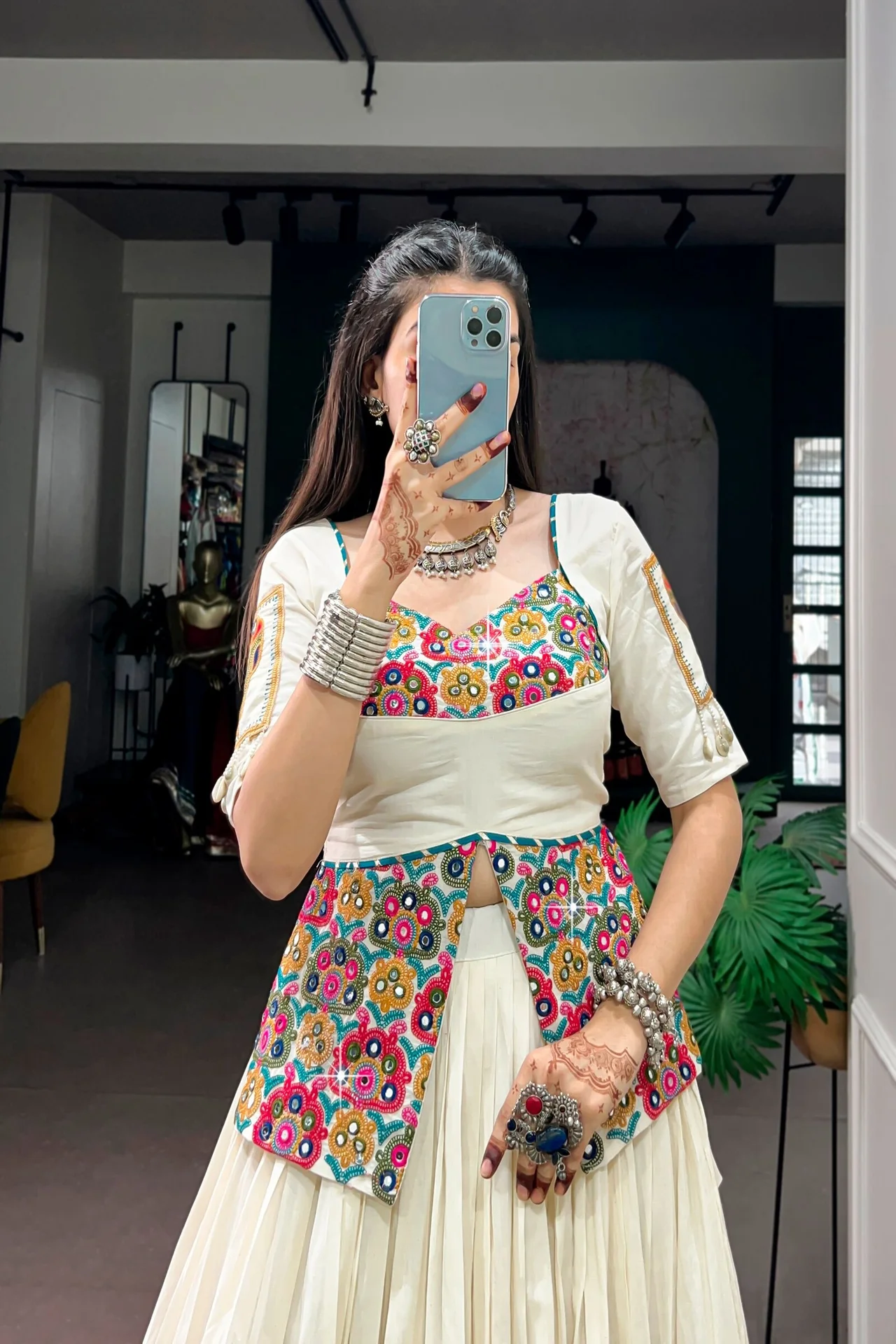 Women's Khadi Cotton Lehenga Choli with Multicolor Panel Border & Gamthi Work Blouse in Off White — photo 5 of 7