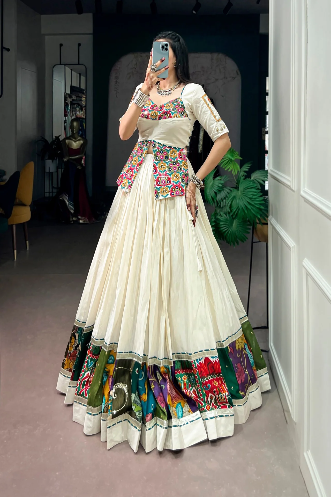 Women's Khadi Cotton Lehenga Choli with Multicolor Panel Border & Gamthi Work Blouse in Off White — photo 6 of 7