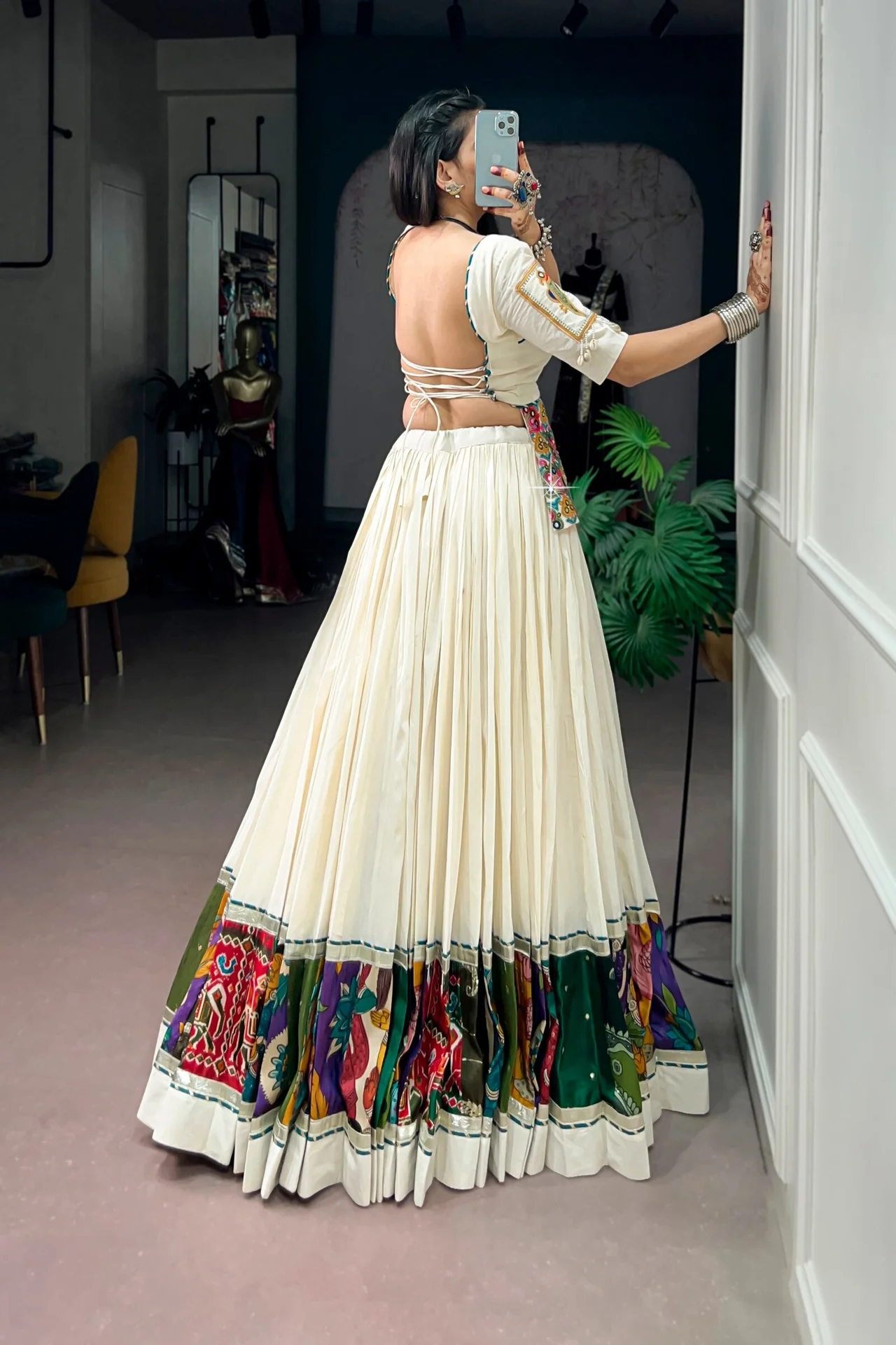 Women's Khadi Cotton Lehenga Choli with Multicolor Panel Border & Gamthi Work Blouse in Off White — photo 7 of 7