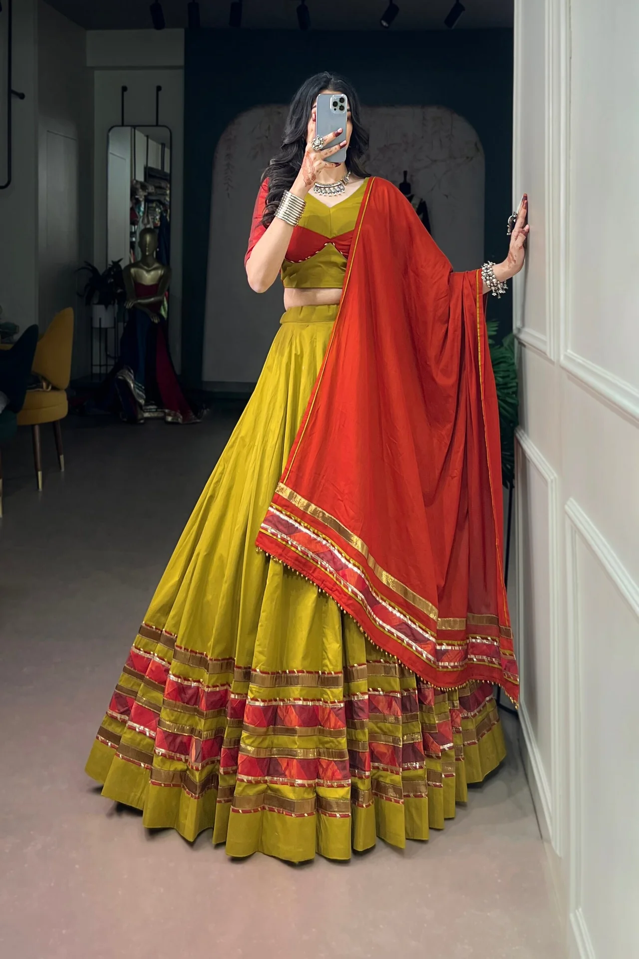Women's Dhabu Cotton Lehenga Choli with Embossed Design & Ghughri Lace Work in Yellow β photo 2 of 7