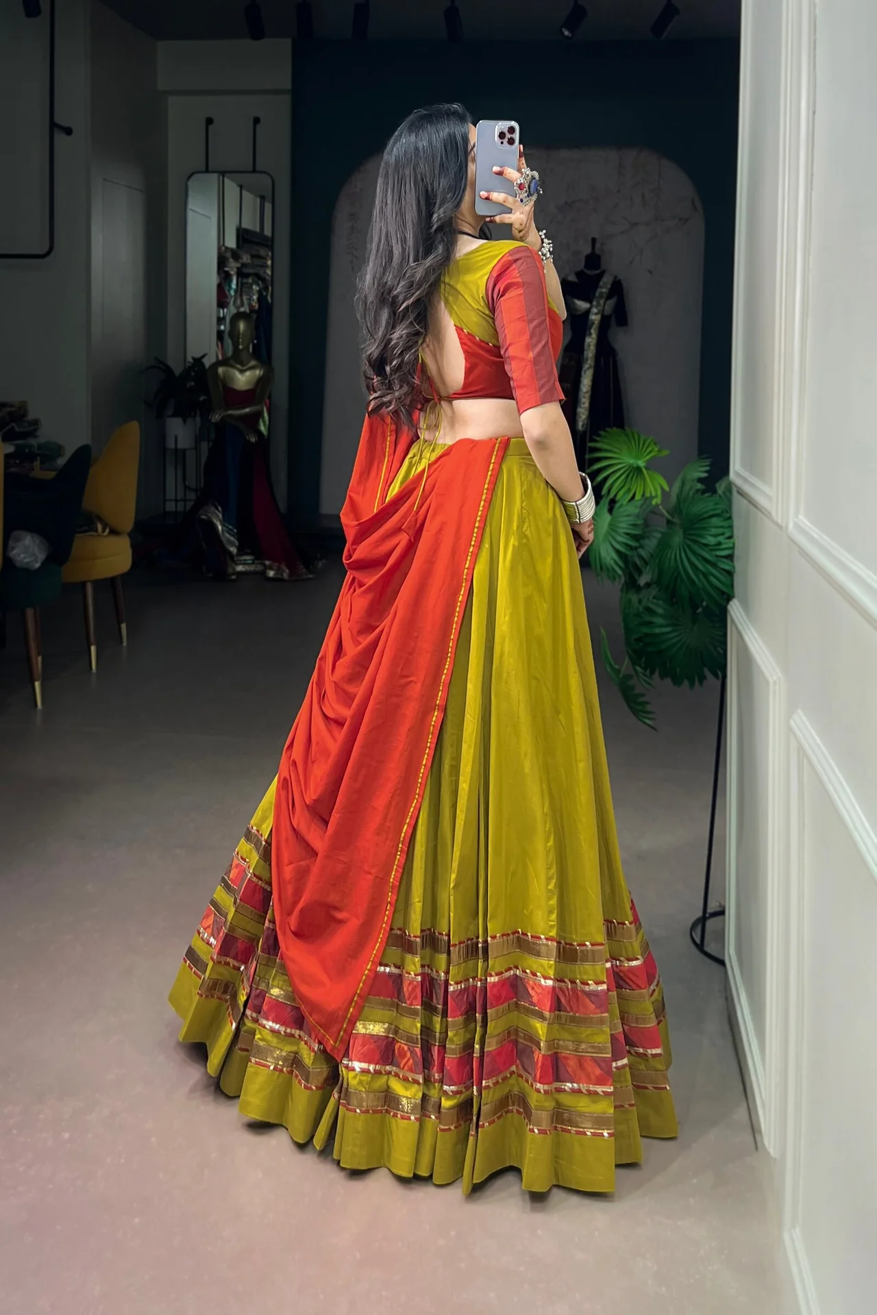 Women's Dhabu Cotton Lehenga Choli with Embossed Design & Ghughri Lace Work in Yellow β photo 3 of 7