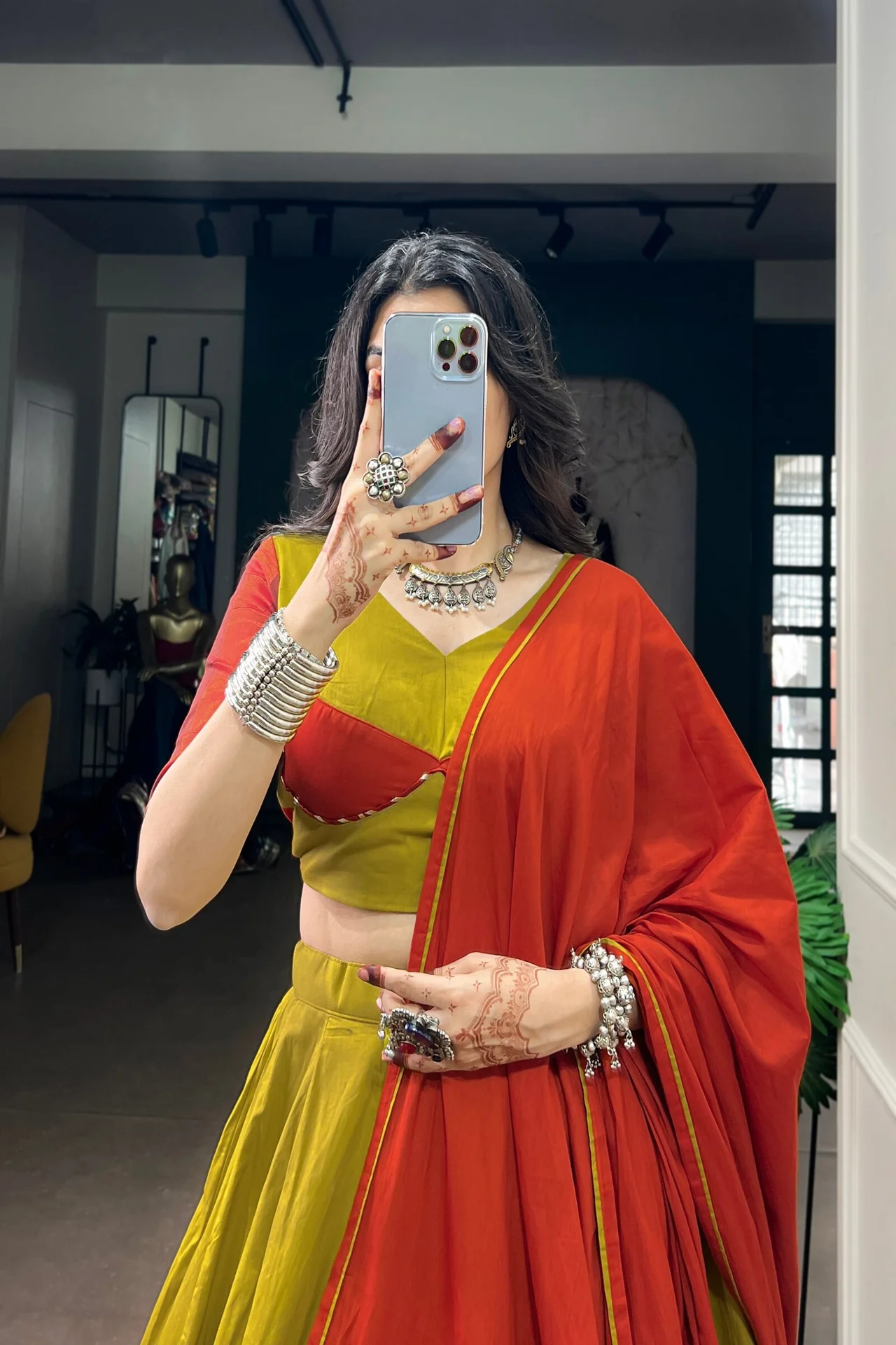 Women's Dhabu Cotton Lehenga Choli with Embossed Design & Ghughri Lace Work in Yellow β photo 4 of 7