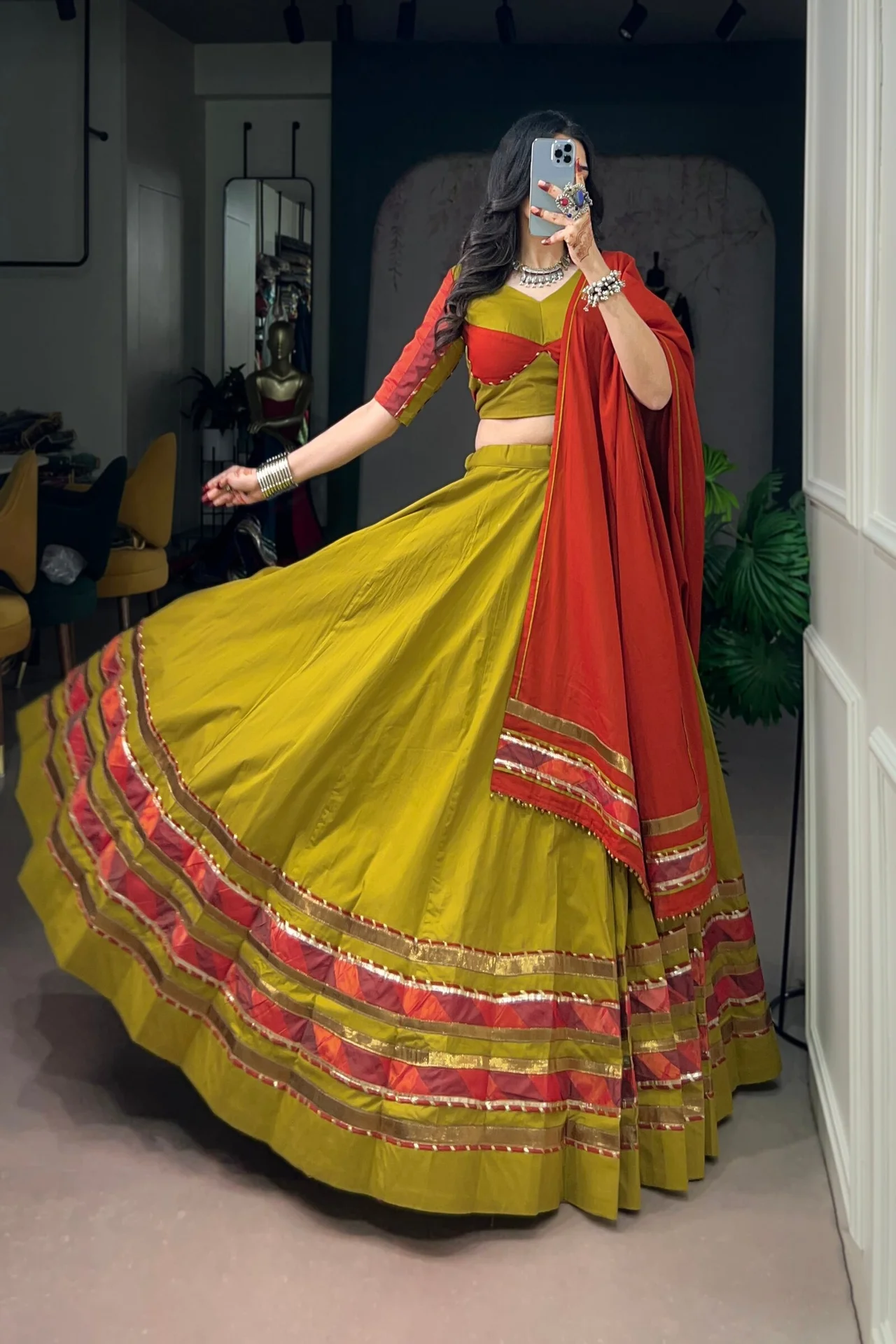 Women's Dhabu Cotton Lehenga Choli with Embossed Design & Ghughri Lace Work in Yellow β photo 5 of 7