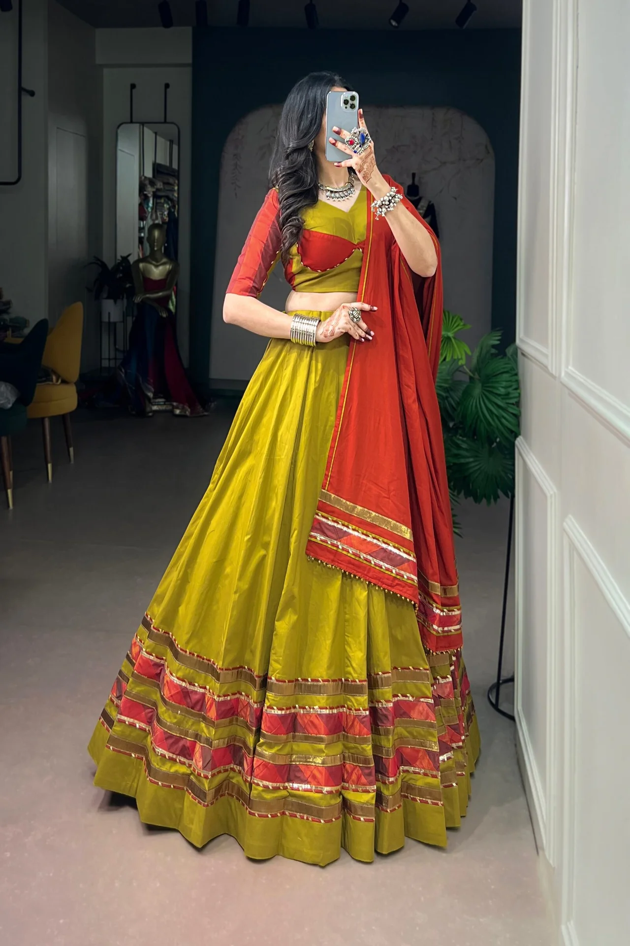 Women's Dhabu Cotton Lehenga Choli with Embossed Design & Ghughri Lace Work in Yellow β photo 6 of 7