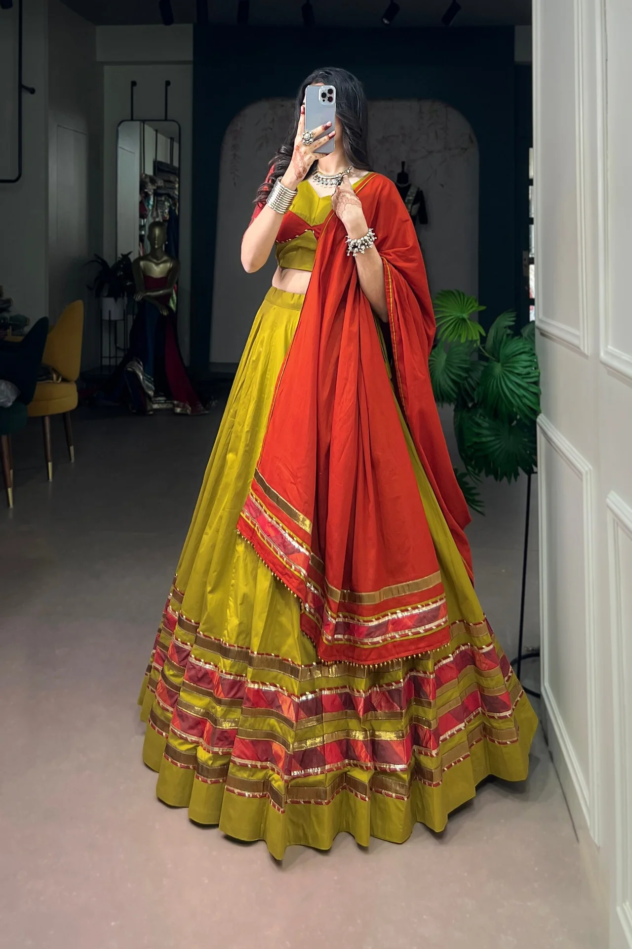 Women's Dhabu Cotton Lehenga Choli with Embossed Design & Ghughri Lace Work in Yellow β photo 7 of 7