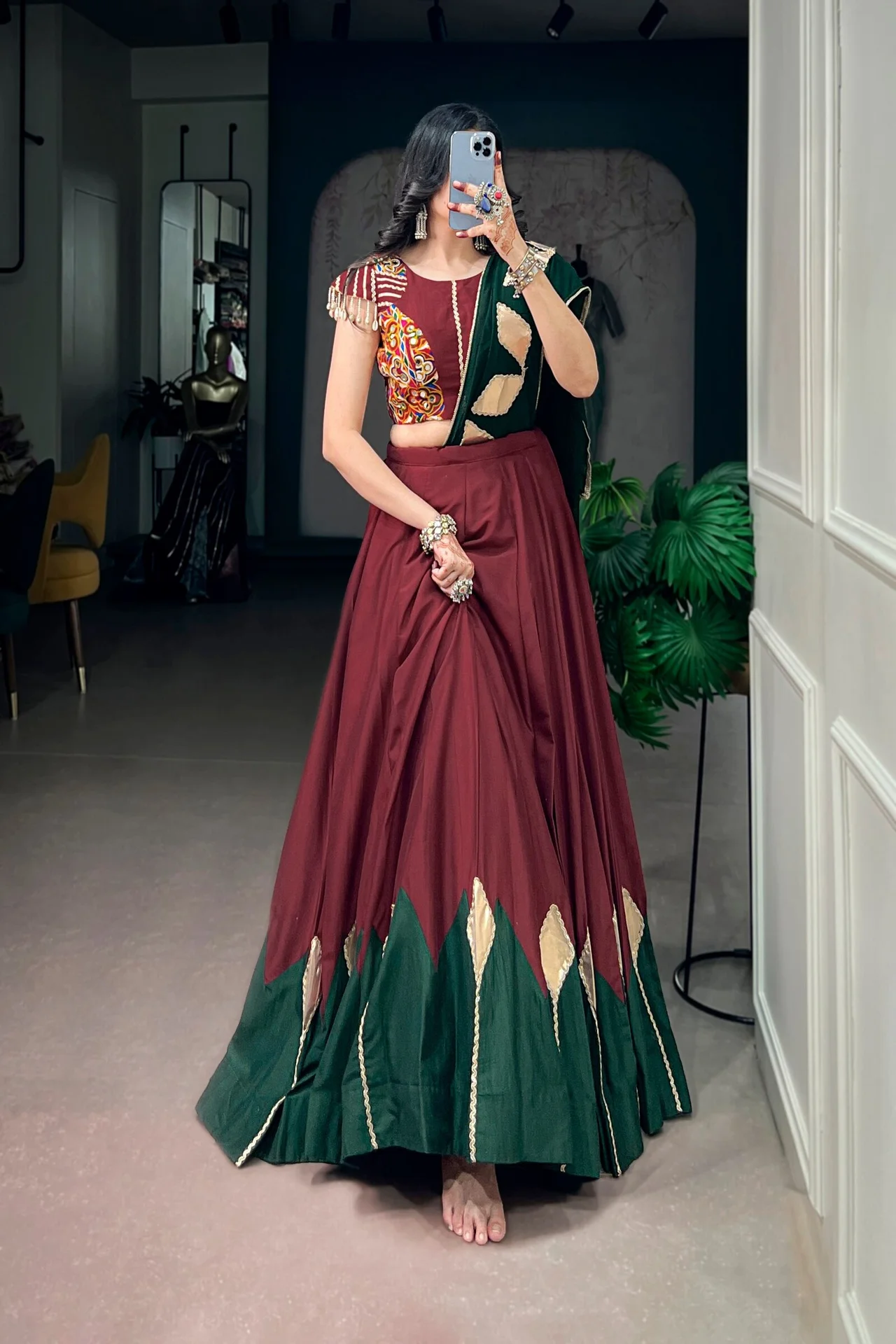 Women’s Chinon Lehenga Choli with Gotta Patch Work & Gamthi Blouse in Maroon — photo 2 of 7