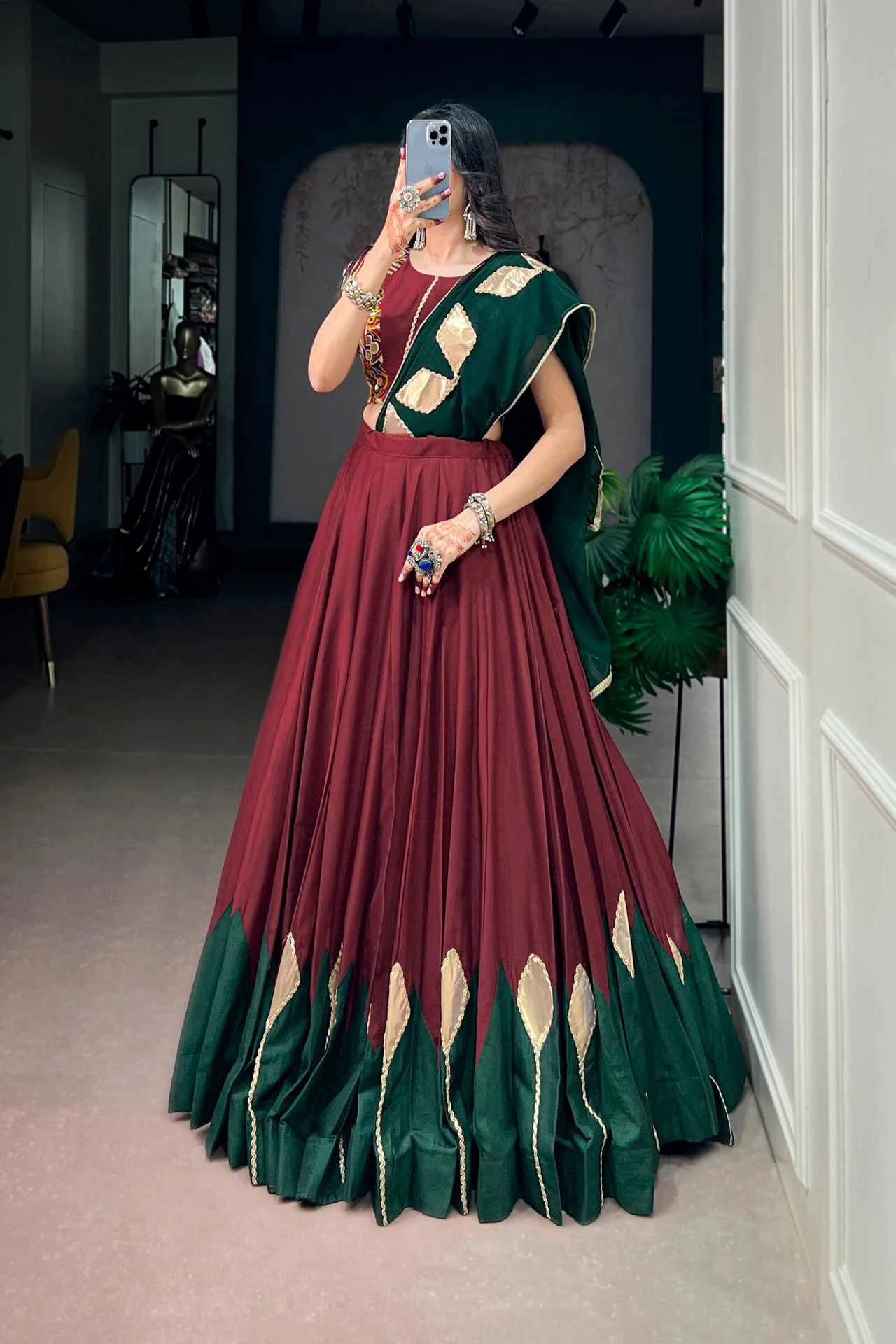 Women’s Chinon Lehenga Choli with Gotta Patch Work & Gamthi Blouse in Maroon — photo 3 of 7