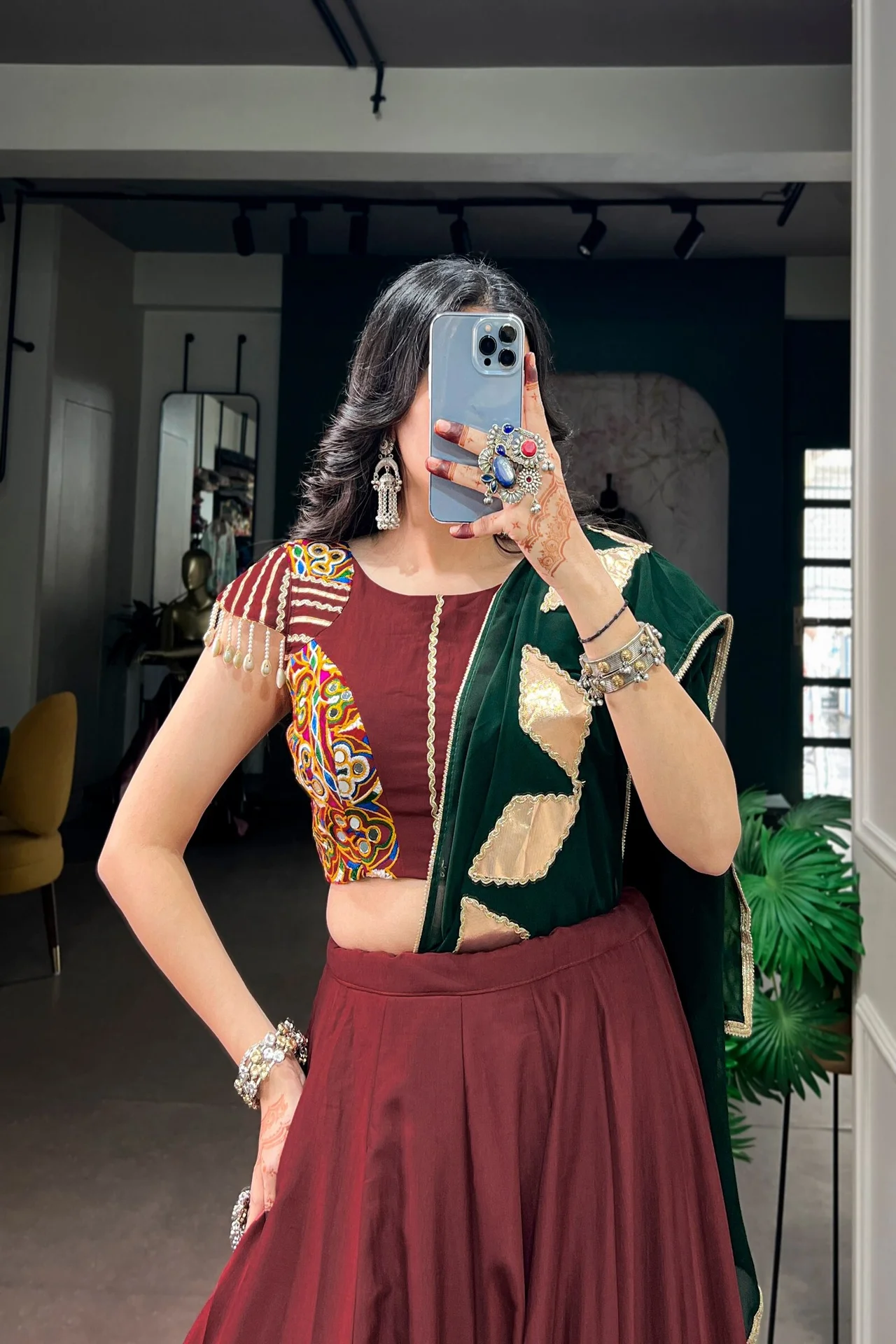 Women’s Chinon Lehenga Choli with Gotta Patch Work & Gamthi Blouse in Maroon — photo 7 of 7