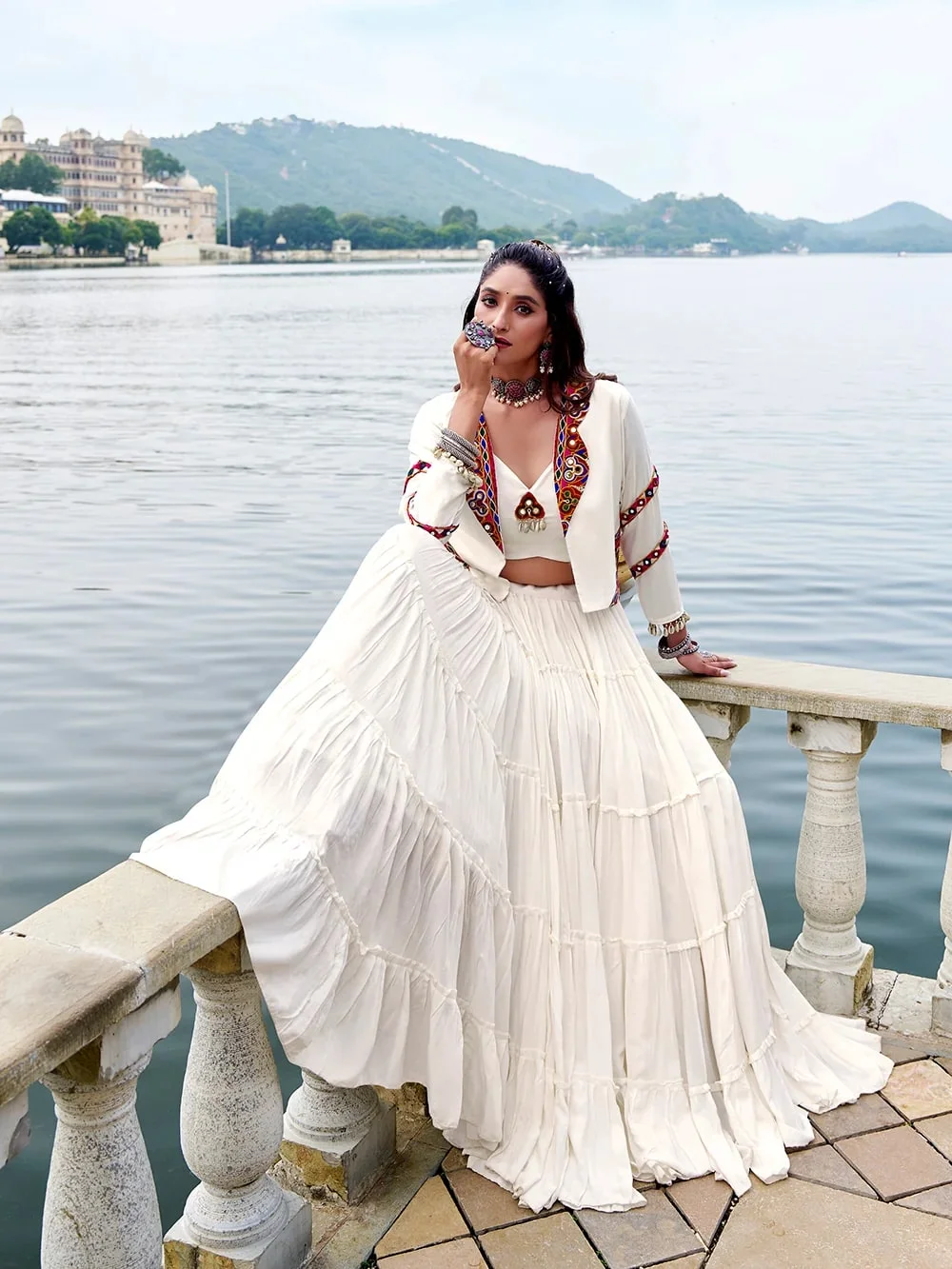 Women’s Pure Rayon Gamthi Mirror Work Lehenga with Blouse & Jacket in White — photo 2 of 5