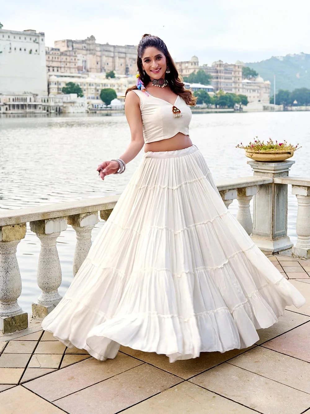 Women’s Pure Rayon Gamthi Mirror Work Lehenga with Blouse & Jacket in White — photo 3 of 5