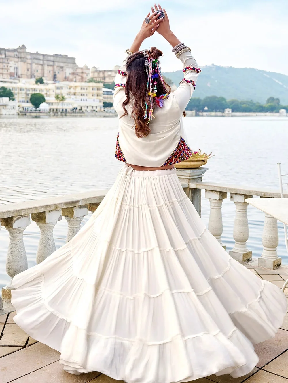 Women’s Pure Rayon Gamthi Mirror Work Lehenga with Blouse & Jacket in White — photo 4 of 5
