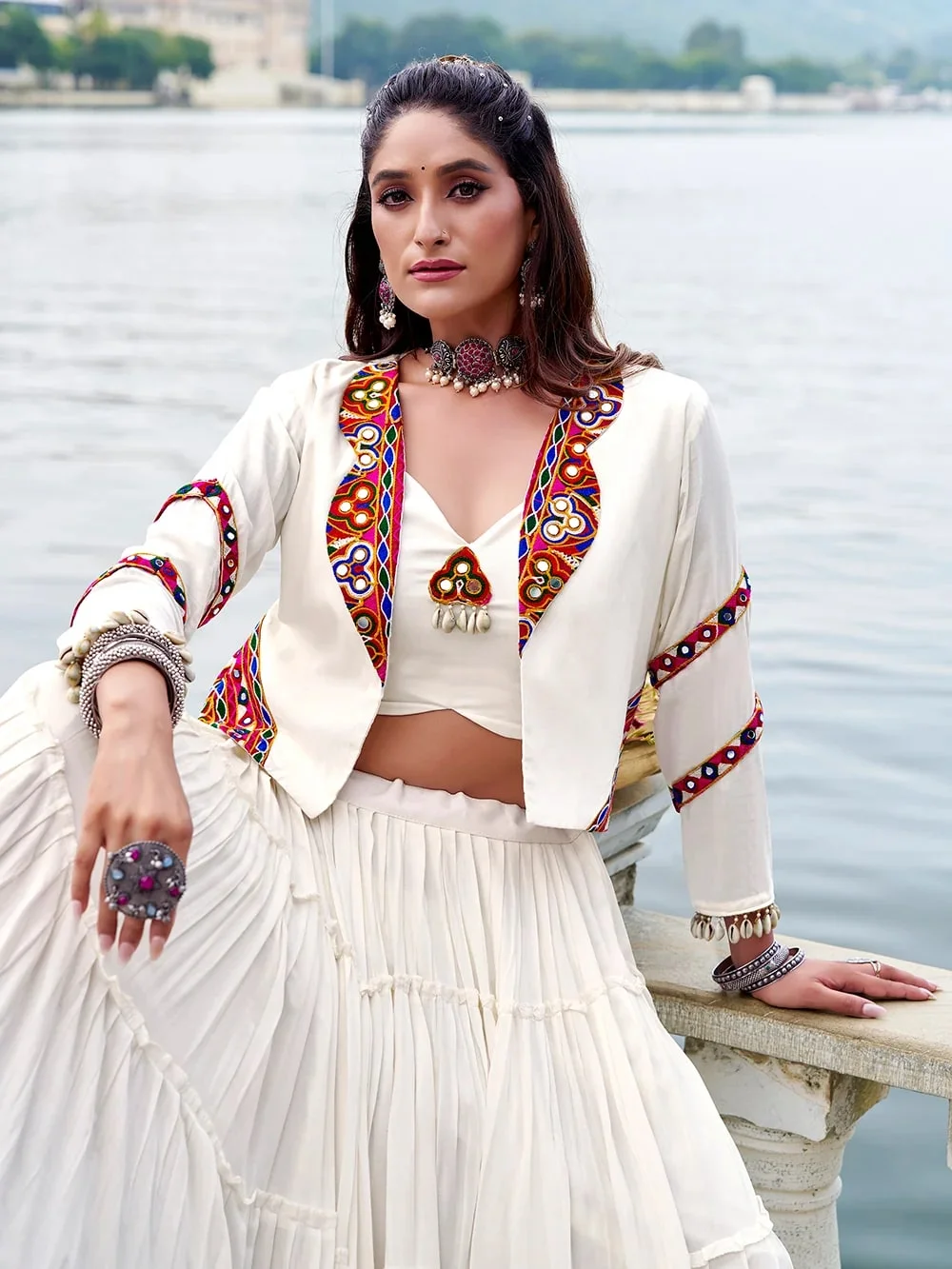 Women’s Pure Rayon Gamthi Mirror Work Lehenga with Blouse & Jacket in White — photo 5 of 5