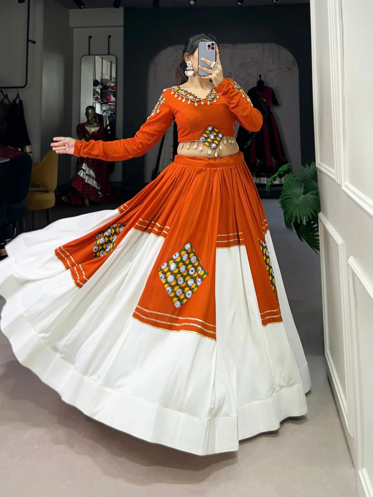 Women’s Pure Rayon Gamthi Patch Work Lehenga Choli with Gota Patti Touch-Up in Orange — photo 2 of 6