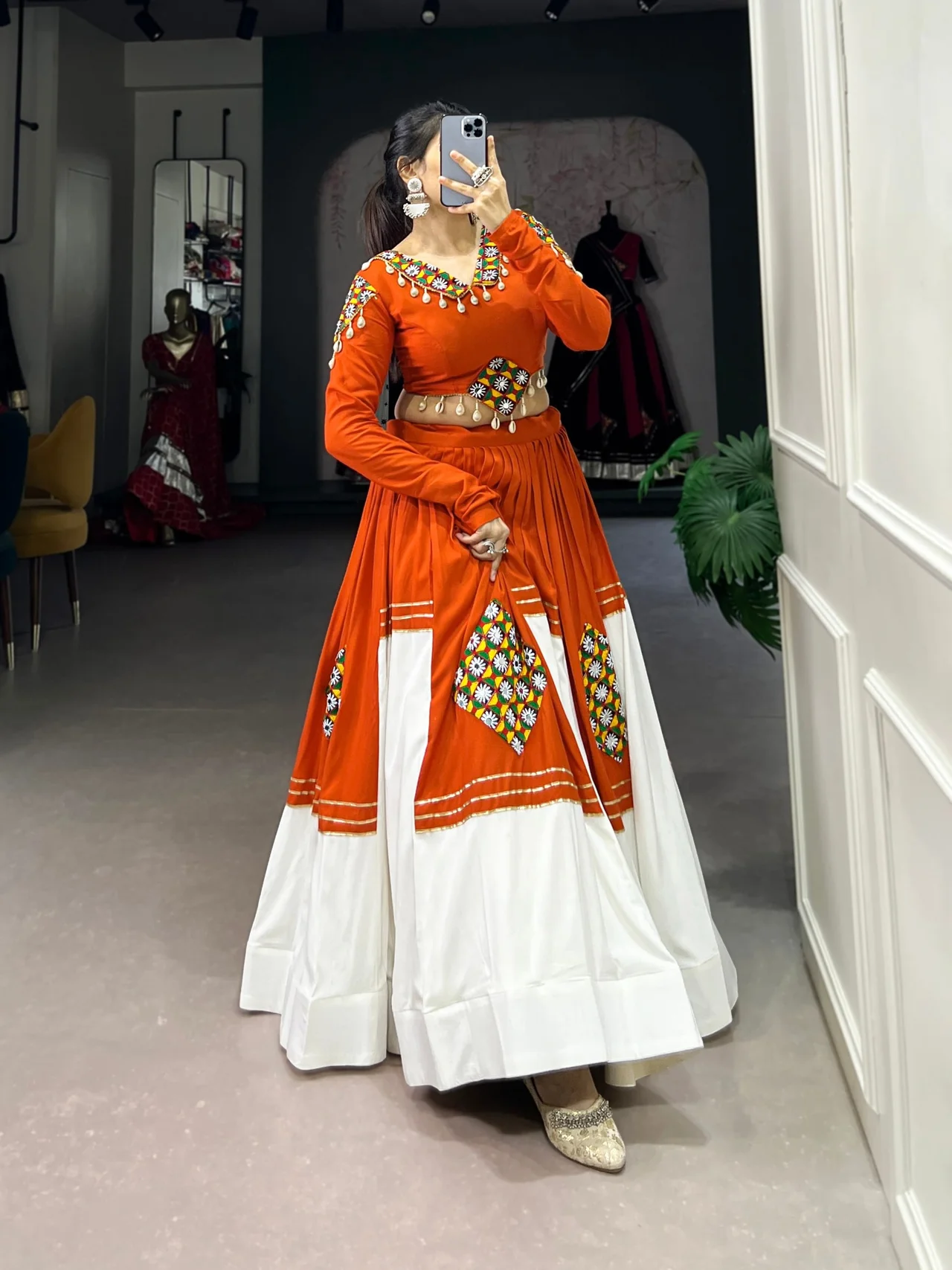 Women’s Pure Rayon Gamthi Patch Work Lehenga Choli with Gota Patti Touch-Up in Orange — photo 3 of 6