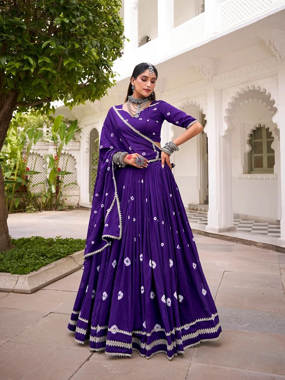 Women’s Pure Chanderi Bandhej Print Lehenga Choli with Lace Touch-Up in Purple — photo 2 of 5