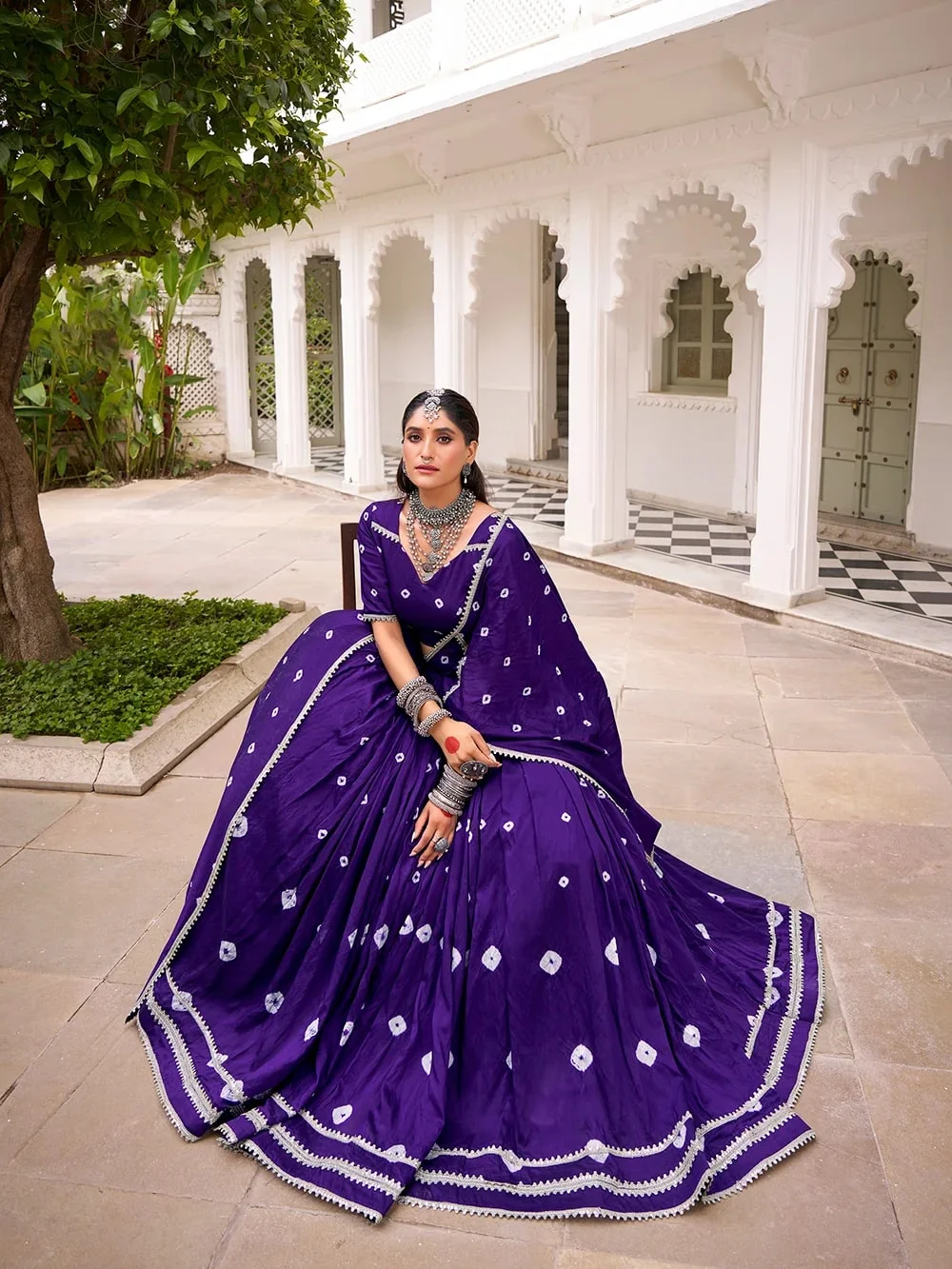 Women’s Pure Chanderi Bandhej Print Lehenga Choli with Lace Touch-Up in Purple — photo 3 of 5