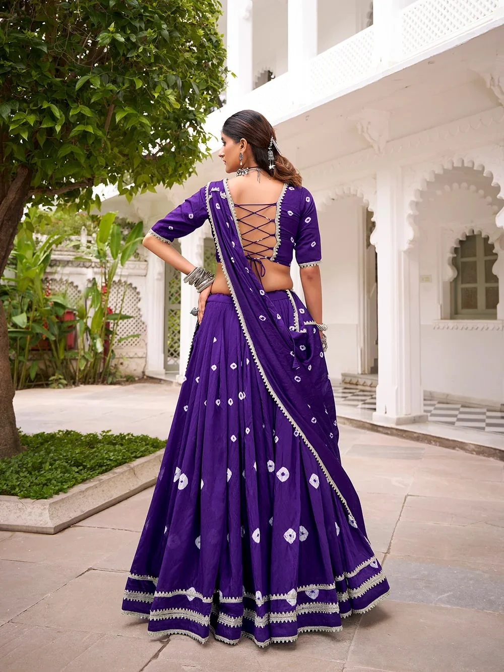 Women’s Pure Chanderi Bandhej Print Lehenga Choli with Lace Touch-Up in Purple — photo 4 of 5