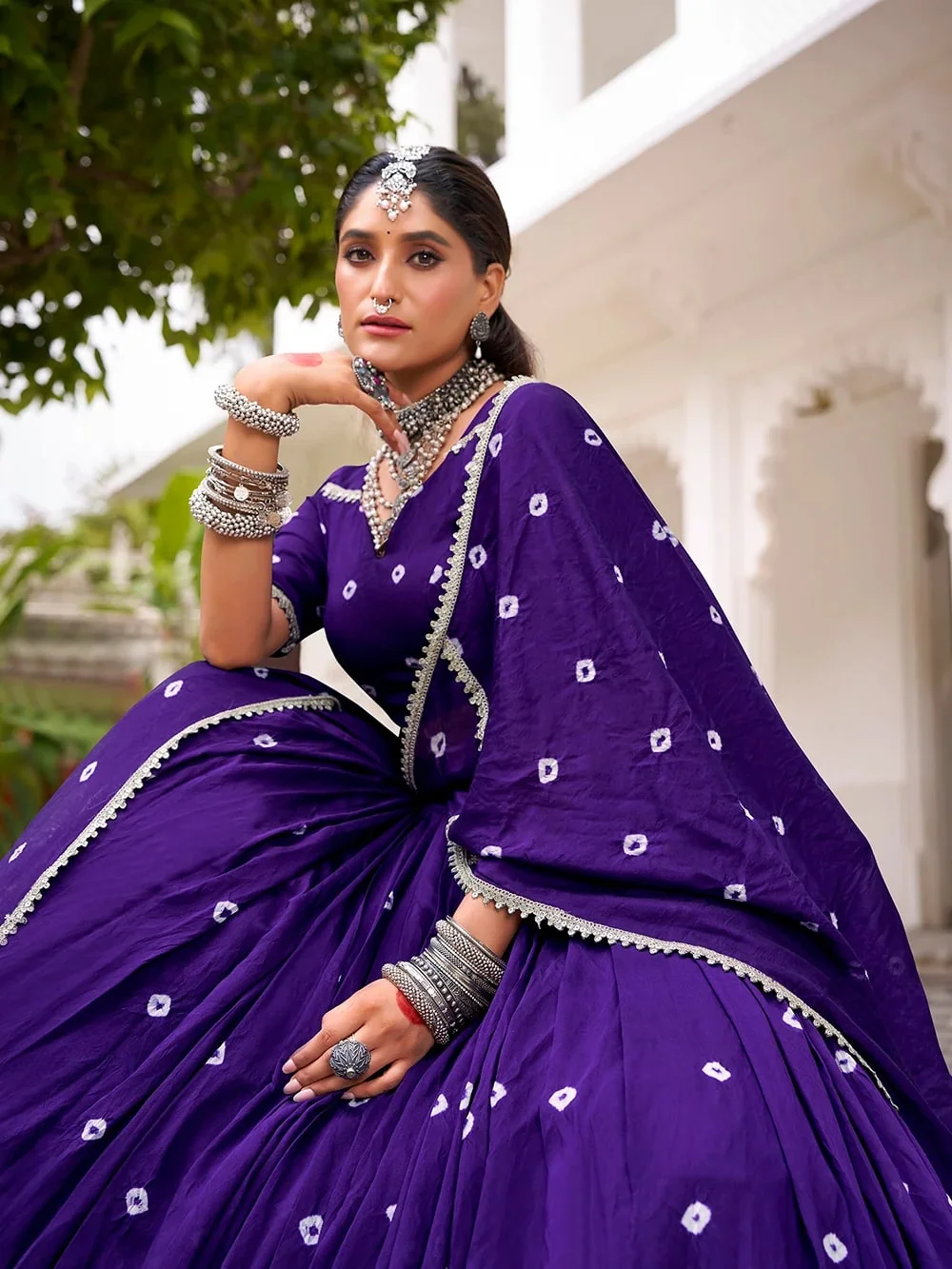 Women’s Pure Chanderi Bandhej Print Lehenga Choli with Lace Touch-Up in Purple — photo 5 of 5