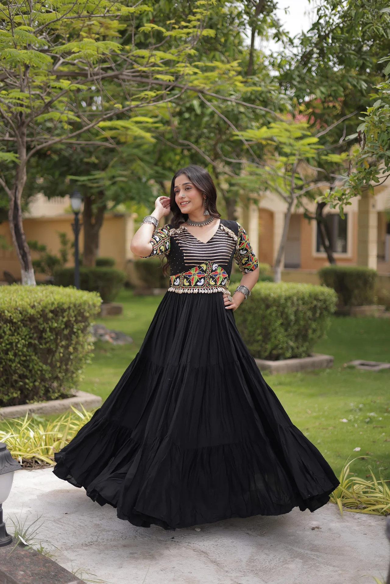 Women's Rayon Navratri Gown with Kutchi Thread Embroidery in Black — photo 3 of 9