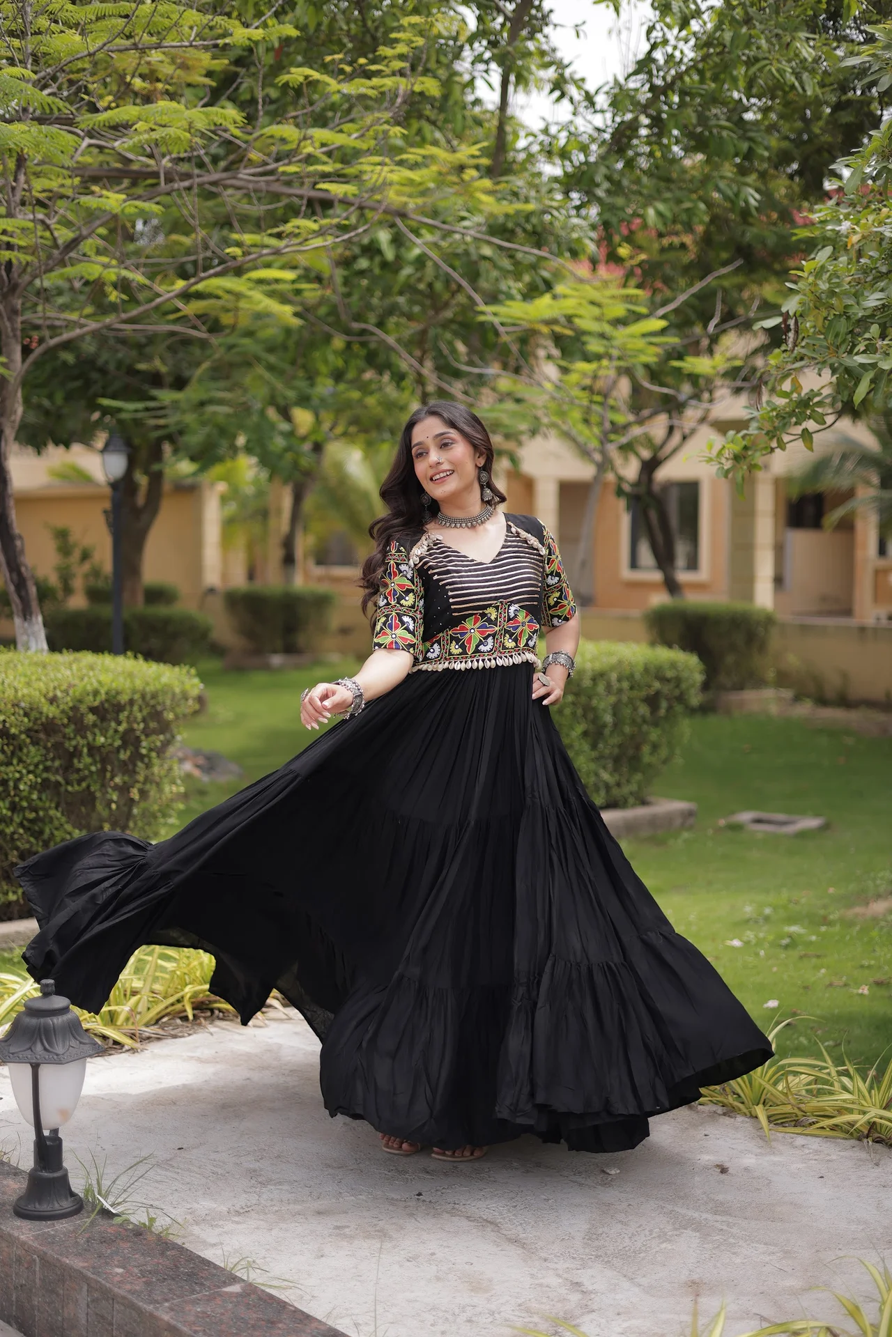 Women's Rayon Navratri Gown with Kutchi Thread Embroidery in Black — photo 7 of 9