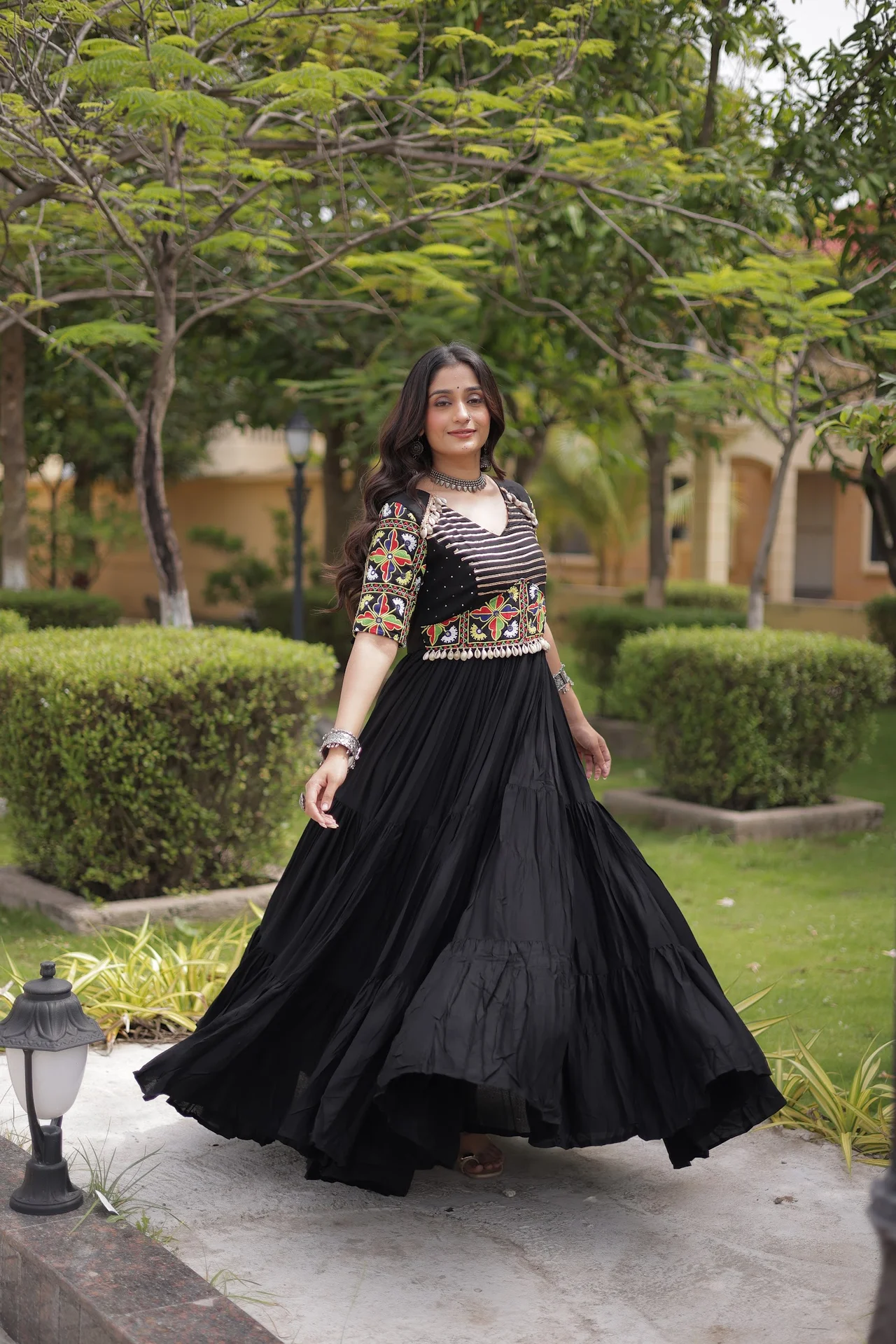 Women's Rayon Navratri Gown with Kutchi Thread Embroidery in Black — photo 8 of 9
