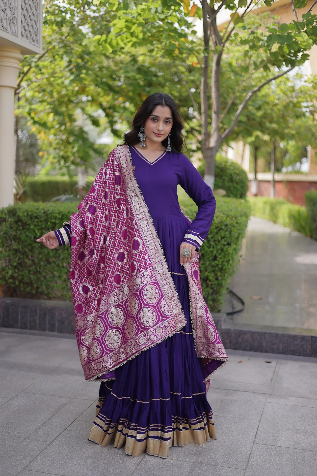 Women's Rayon Tiered Gown with Viscose Jacquard Dupatta in Purple — photo 2 of 6