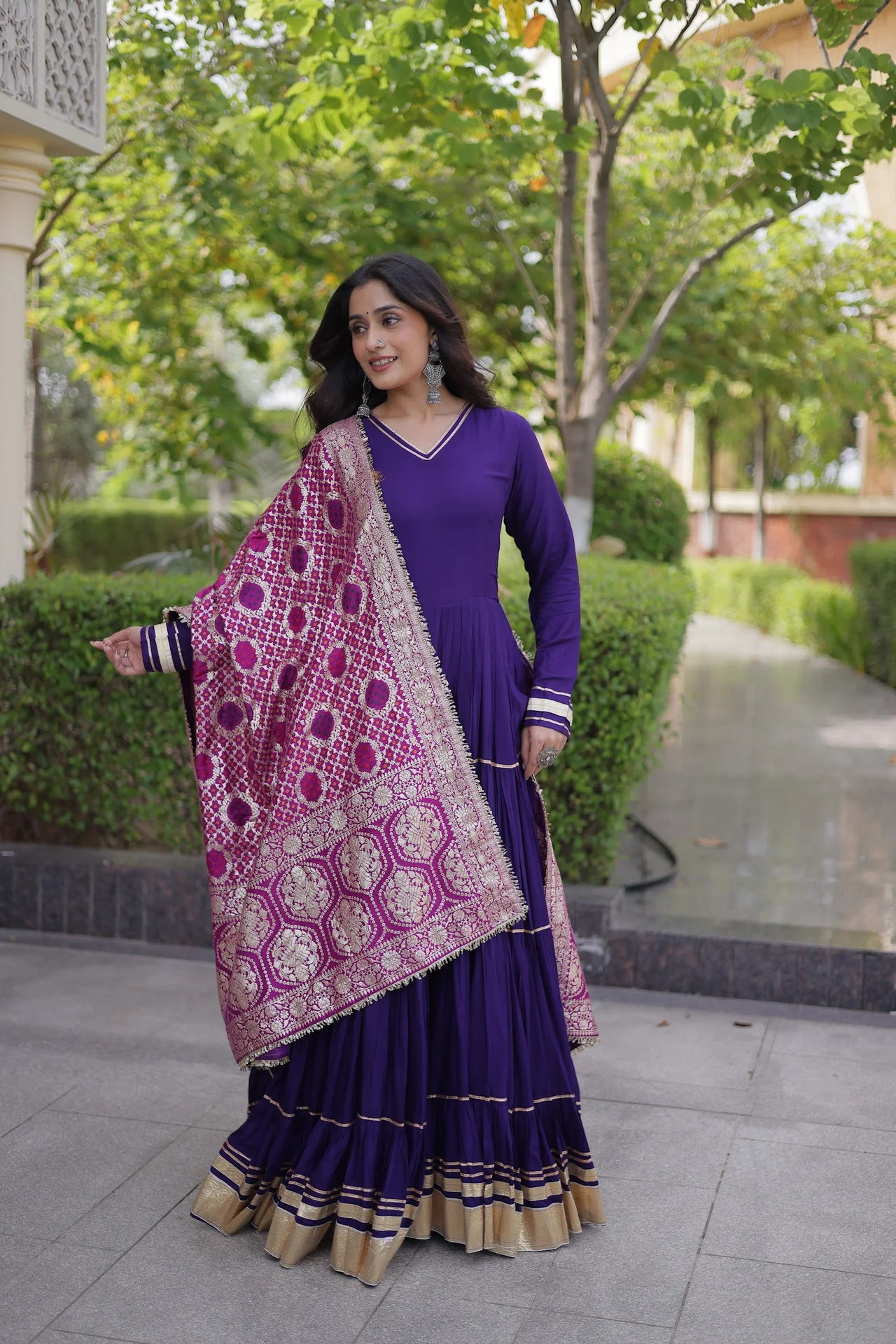 Women's Rayon Tiered Gown with Viscose Jacquard Dupatta in Purple — photo 3 of 6