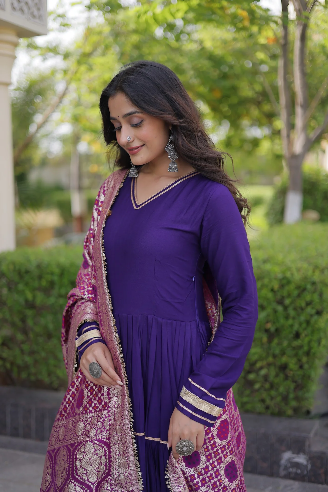 Women's Rayon Tiered Gown with Viscose Jacquard Dupatta in Purple — photo 4 of 6