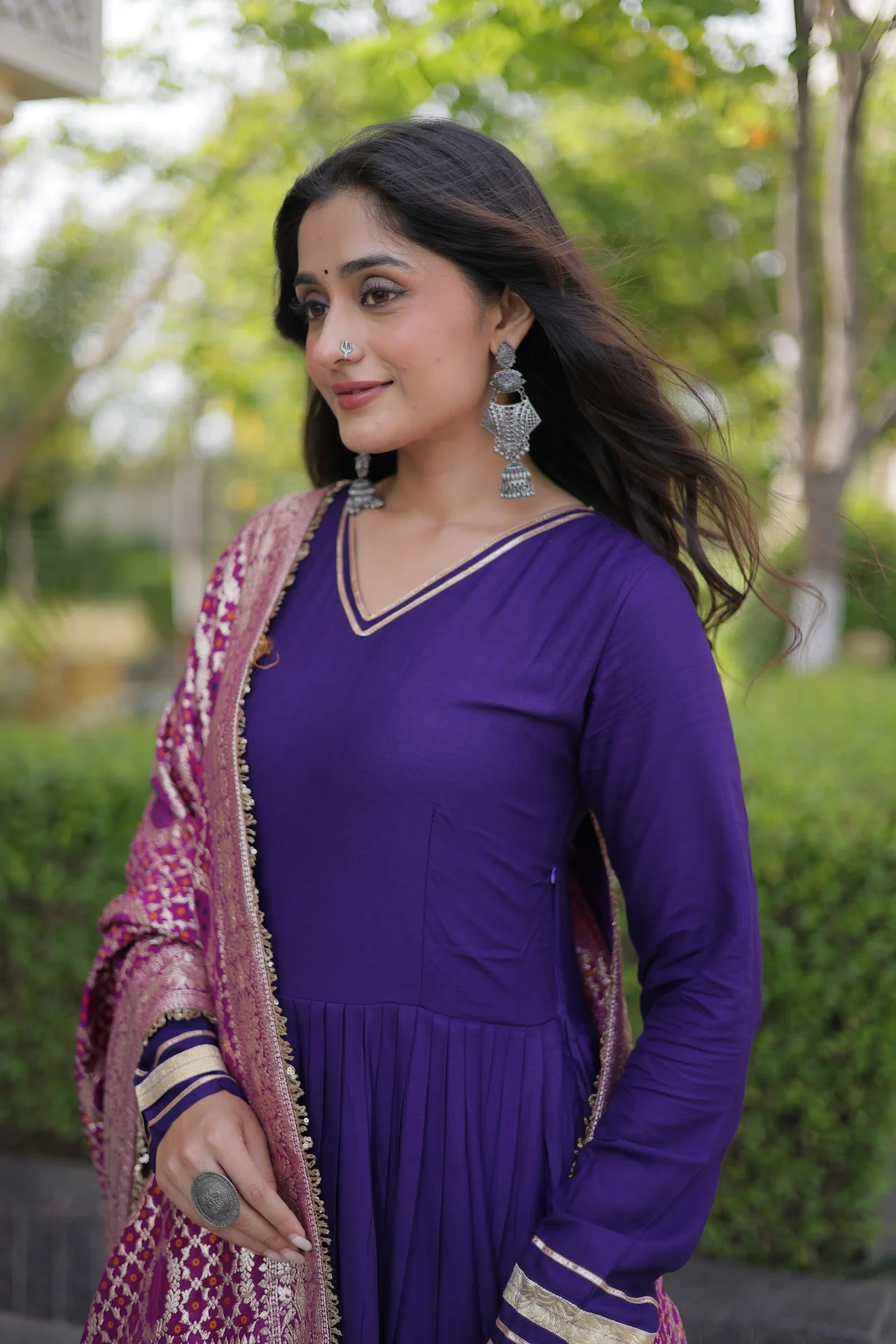 Women's Rayon Tiered Gown with Viscose Jacquard Dupatta in Purple — photo 5 of 6