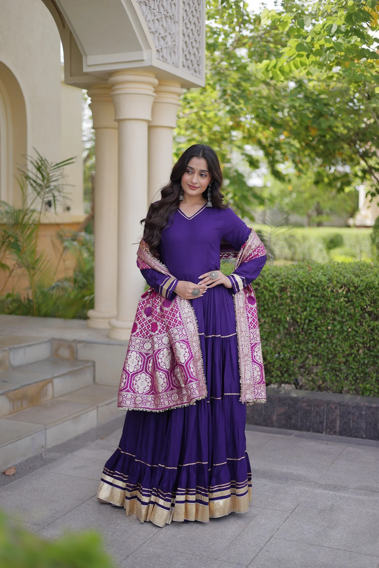Women's Rayon Tiered Gown with Viscose Jacquard Dupatta in Purple — photo 6 of 6