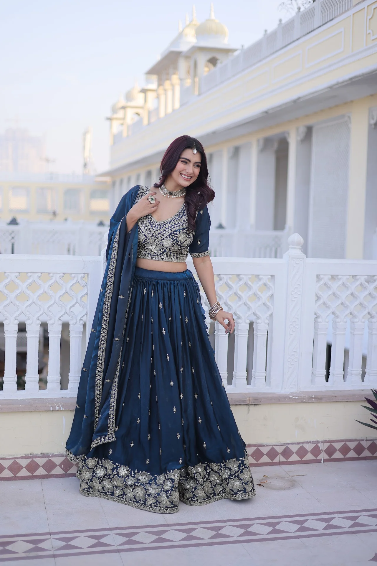 Women's Fendy Silk Lehenga Choli with Dupatta in Teal — photo 6 of 7