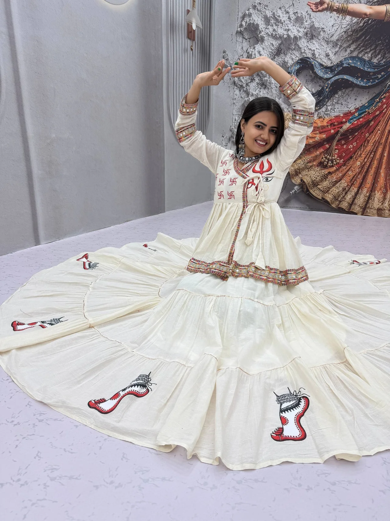 Navratri Special Kedya Style Lehenga Choli for Women in Off White — photo 2 of 9