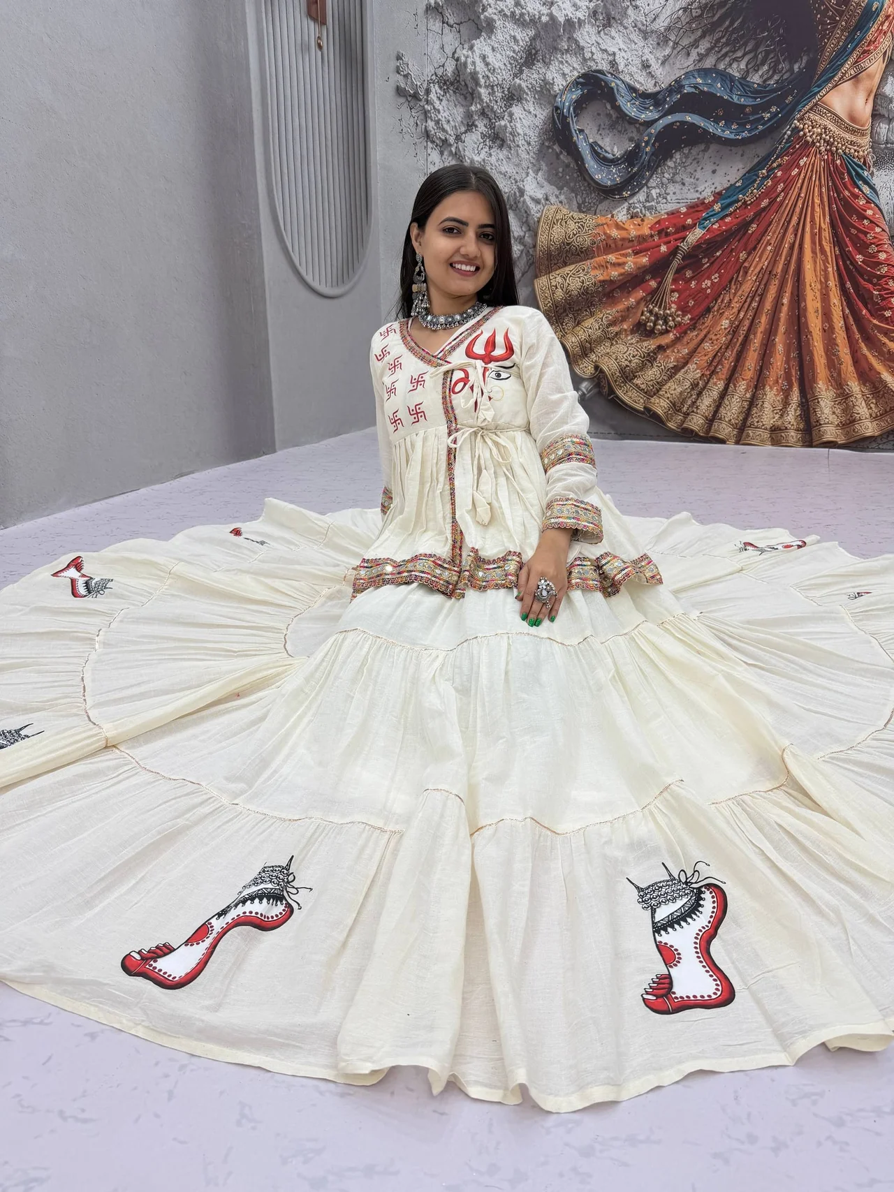Navratri Special Kedya Style Lehenga Choli for Women in Off White — photo 3 of 9