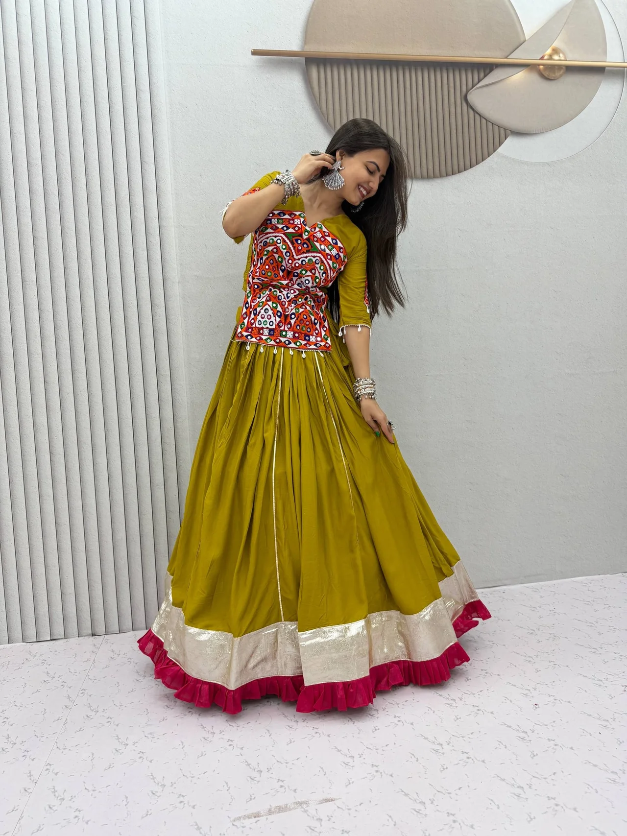 Navratri Special Pure Cotton Gamthi & Mirror Work Kediyu Lehenga Choli in Mehendi Green — photo 2 of 6