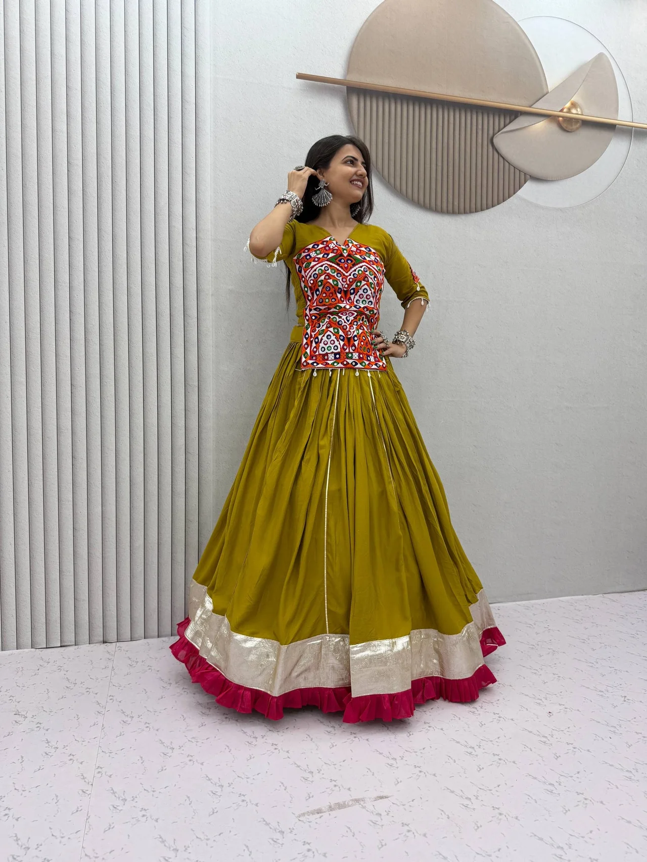 Navratri Special Pure Cotton Gamthi & Mirror Work Kediyu Lehenga Choli in Mehendi Green — photo 3 of 6