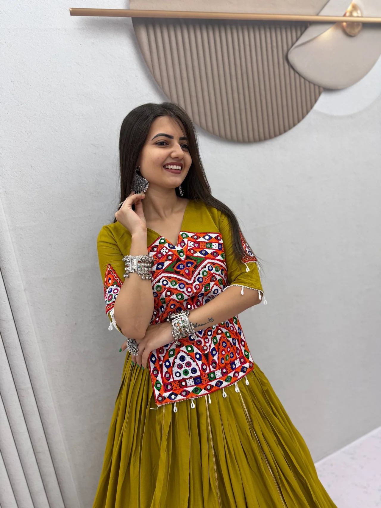 Navratri Special Pure Cotton Gamthi & Mirror Work Kediyu Lehenga Choli in Mehendi Green — photo 4 of 6