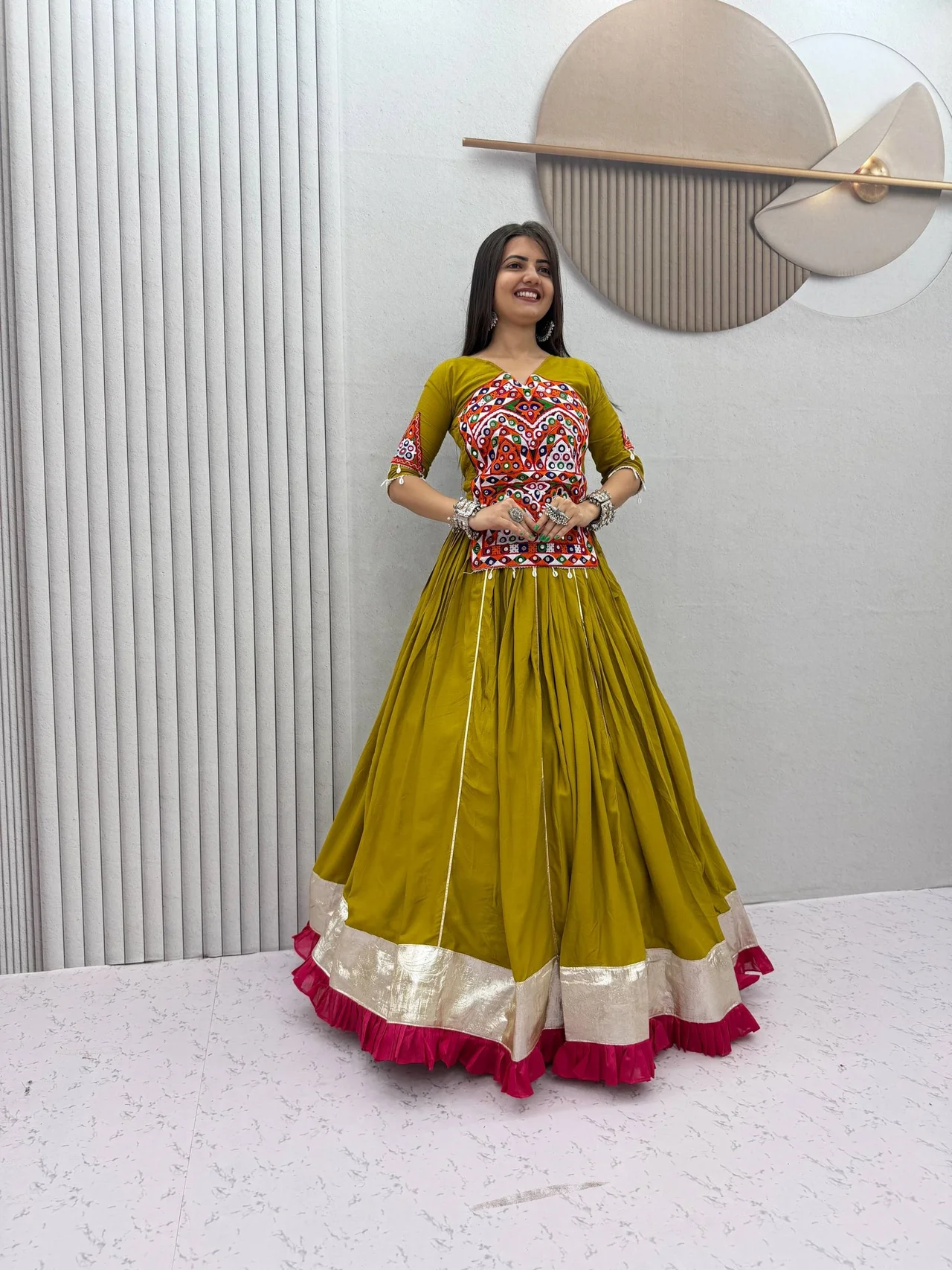 Navratri Special Pure Cotton Gamthi & Mirror Work Kediyu Lehenga Choli in Mehendi Green — photo 5 of 6