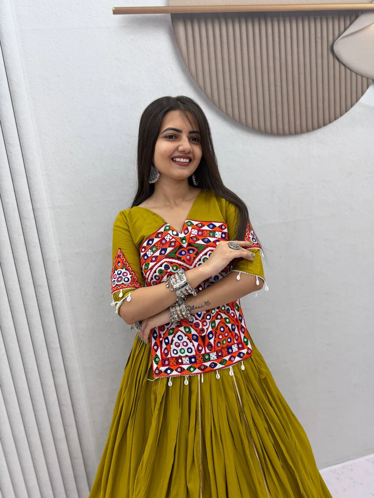 Navratri Special Pure Cotton Gamthi & Mirror Work Kediyu Lehenga Choli in Mehendi Green — photo 6 of 6