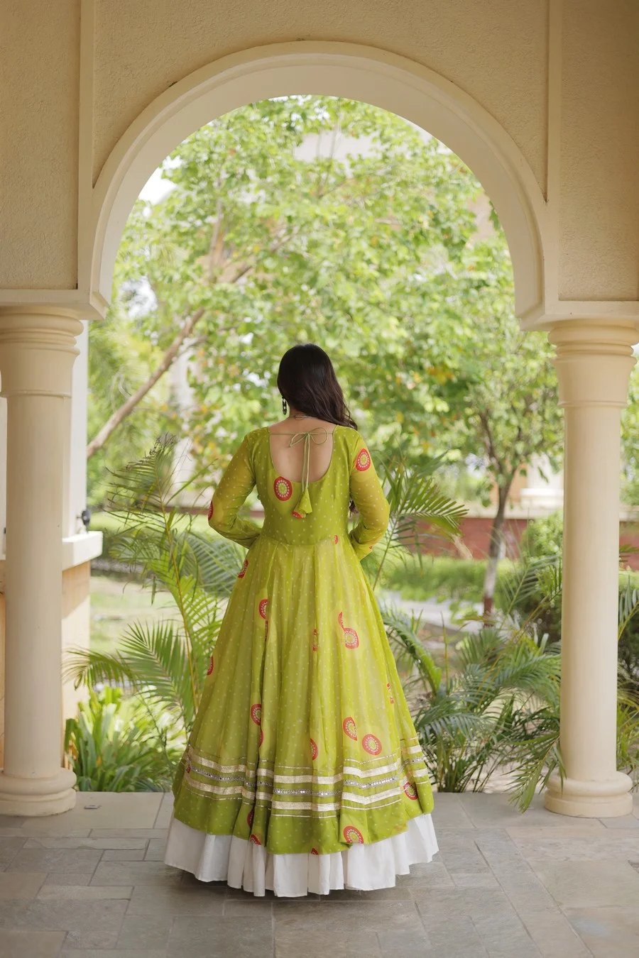 Bandhani Print Faux Georgette Kurti with Kora Cotton Lehenga in Parrot Green — photo 2 of 7