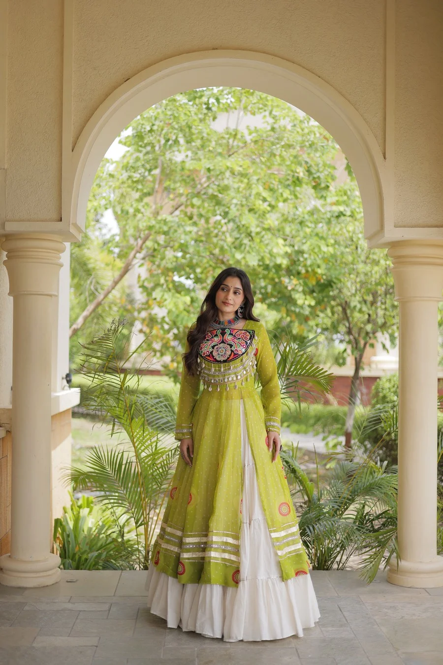 Bandhani Print Faux Georgette Kurti with Kora Cotton Lehenga in Parrot Green — photo 3 of 7