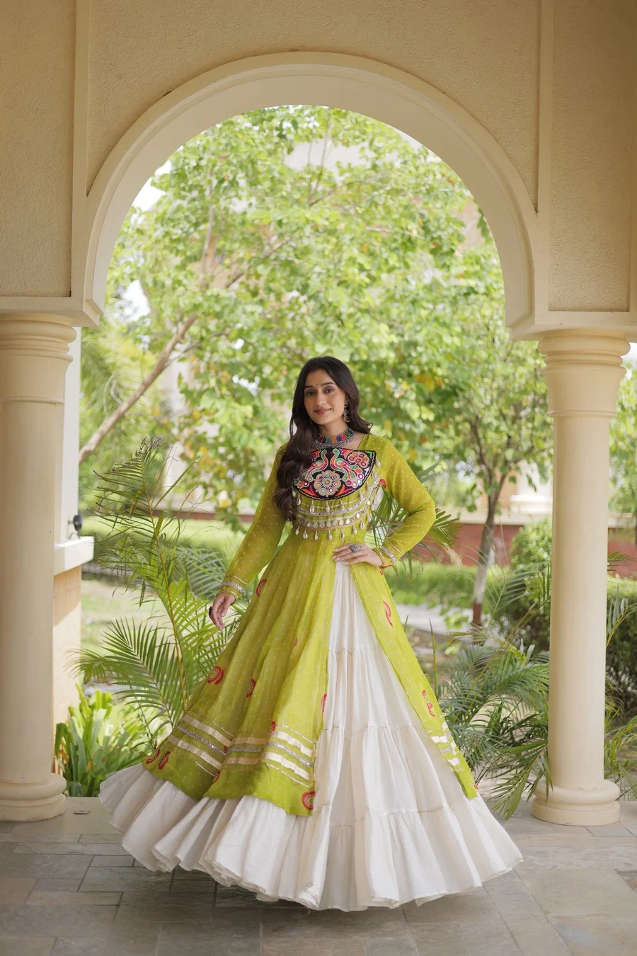 Bandhani Print Faux Georgette Kurti with Kora Cotton Lehenga in Parrot Green — photo 4 of 7