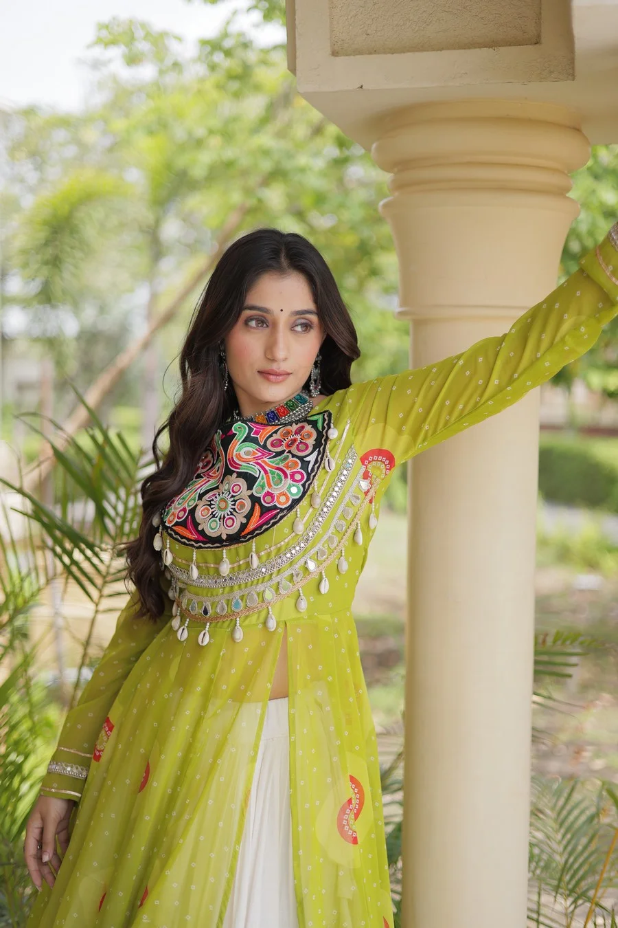 Bandhani Print Faux Georgette Kurti with Kora Cotton Lehenga in Parrot Green — photo 5 of 7