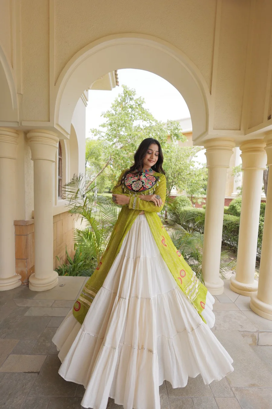 Bandhani Print Faux Georgette Kurti with Kora Cotton Lehenga in Parrot Green — photo 6 of 7