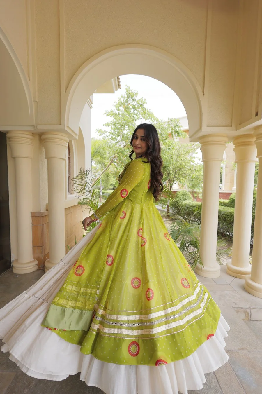 Bandhani Print Faux Georgette Kurti with Kora Cotton Lehenga in Parrot Green — photo 7 of 7