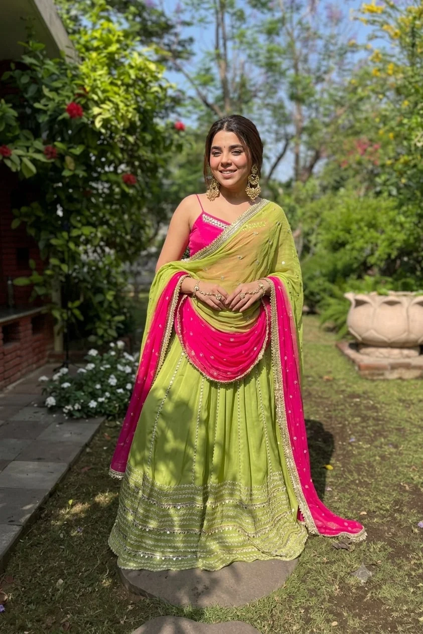 Rani Pink & Orange Chinon Silk Lehenga Choli — photo 2 of 8