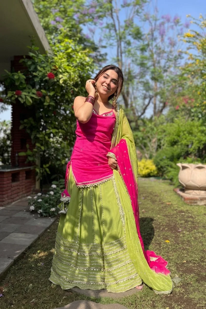 Rani Pink & Orange Chinon Silk Lehenga Choli — photo 3 of 8