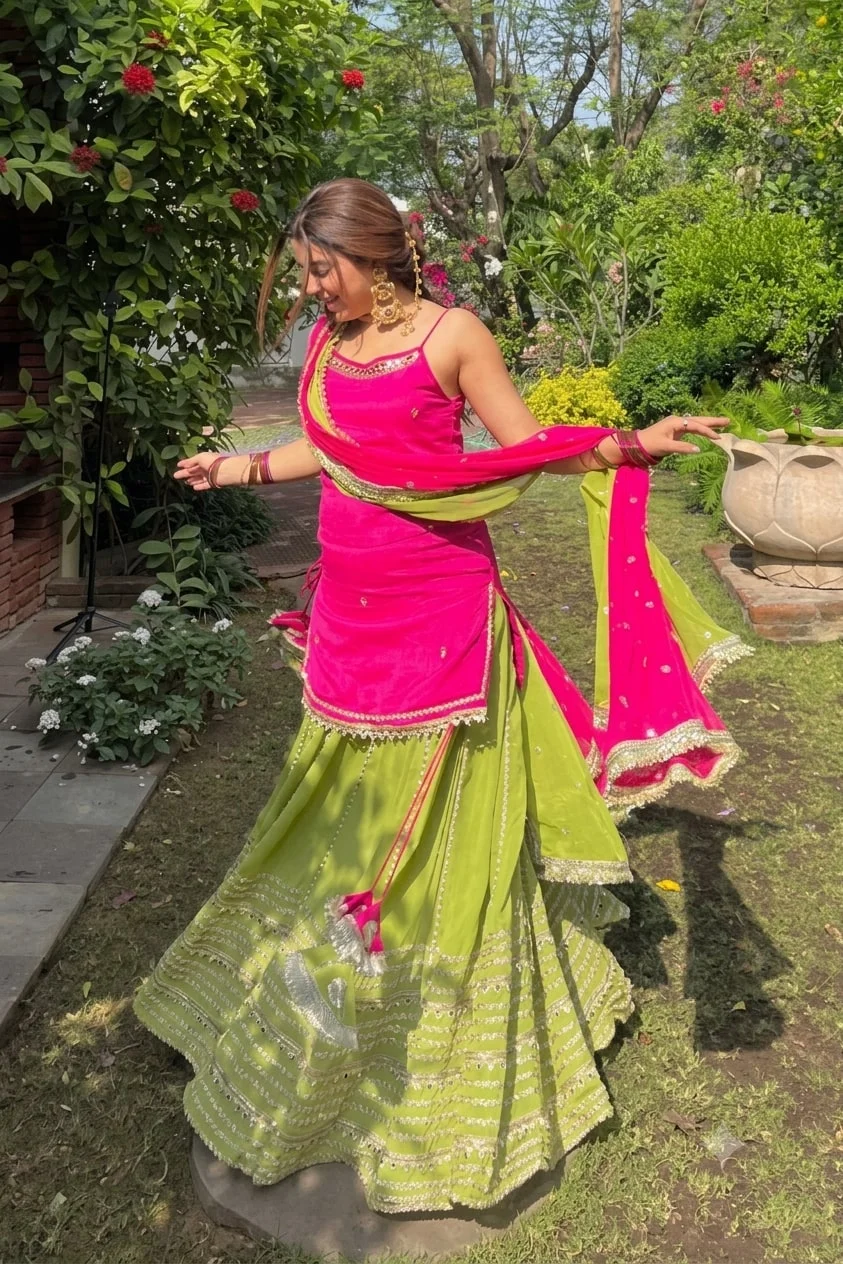 Rani Pink & Orange Chinon Silk Lehenga Choli — photo 4 of 8