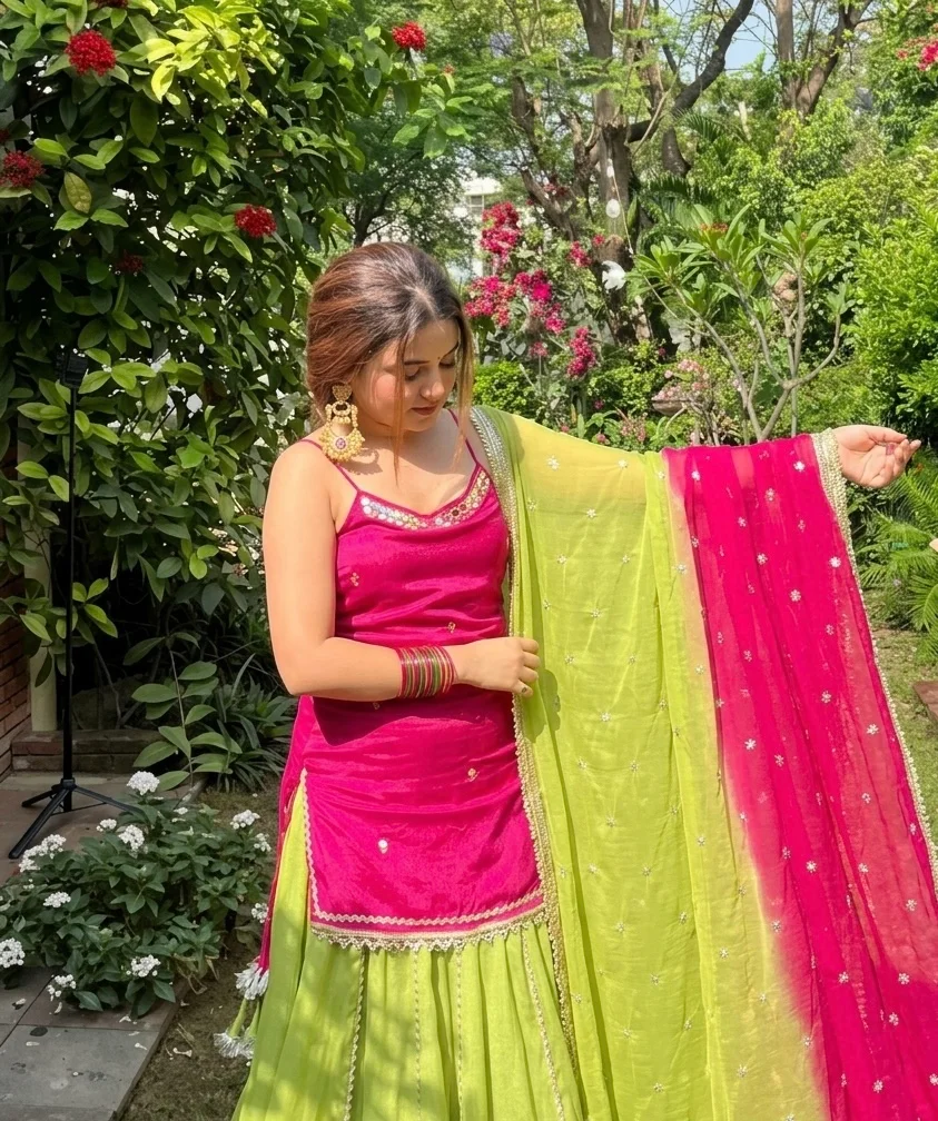 Rani Pink & Orange Chinon Silk Lehenga Choli — photo 5 of 8