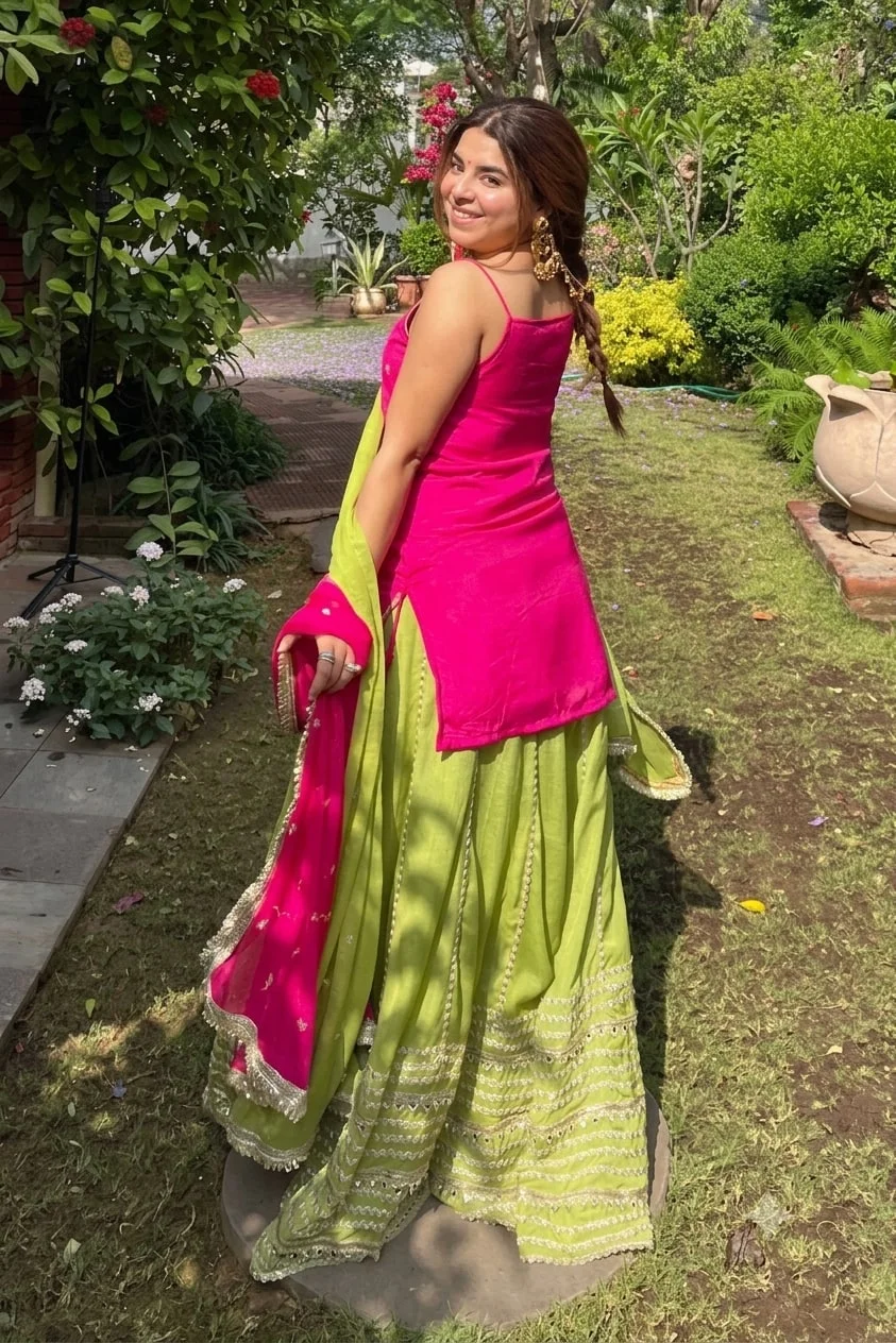 Rani Pink & Orange Chinon Silk Lehenga Choli — photo 6 of 8