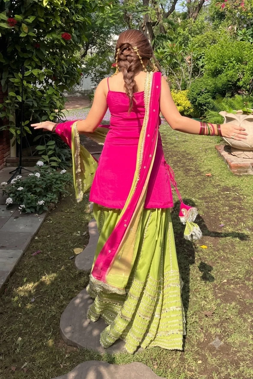 Rani Pink & Orange Chinon Silk Lehenga Choli — photo 7 of 8